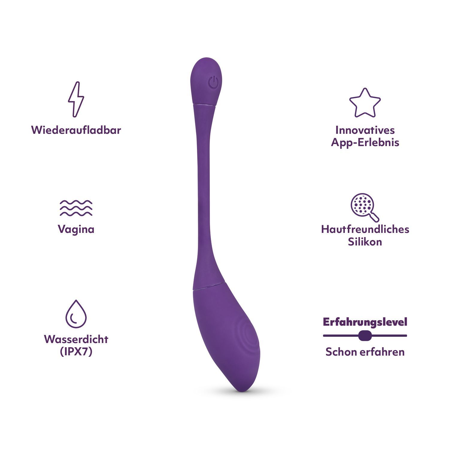 Lila Wellness-Produkt mit länglichem Stiel und abgerundetem Kopf. Symbole: wiederaufladbar, wasserdicht, App-Erlebnis, Silikon.