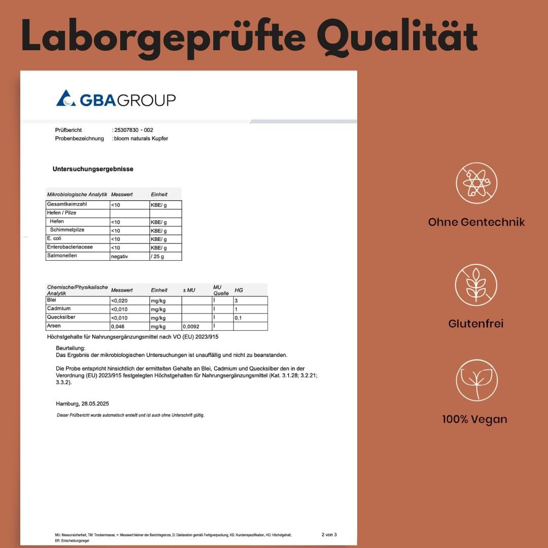 Zertifizierungsdokument. Text: Laborgeprüfte Qualität. Logos: Ohne Gentechnik, glutenfrei, 100% vegan.