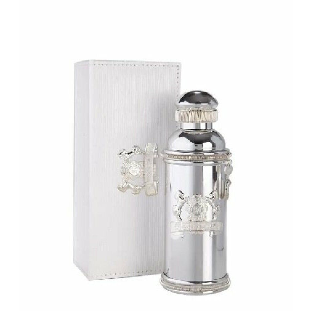 Silberfarbener Flakon mit weißer Verpackung. Flakon mit dekorativen Elementen. Verpackung mit Prägung.