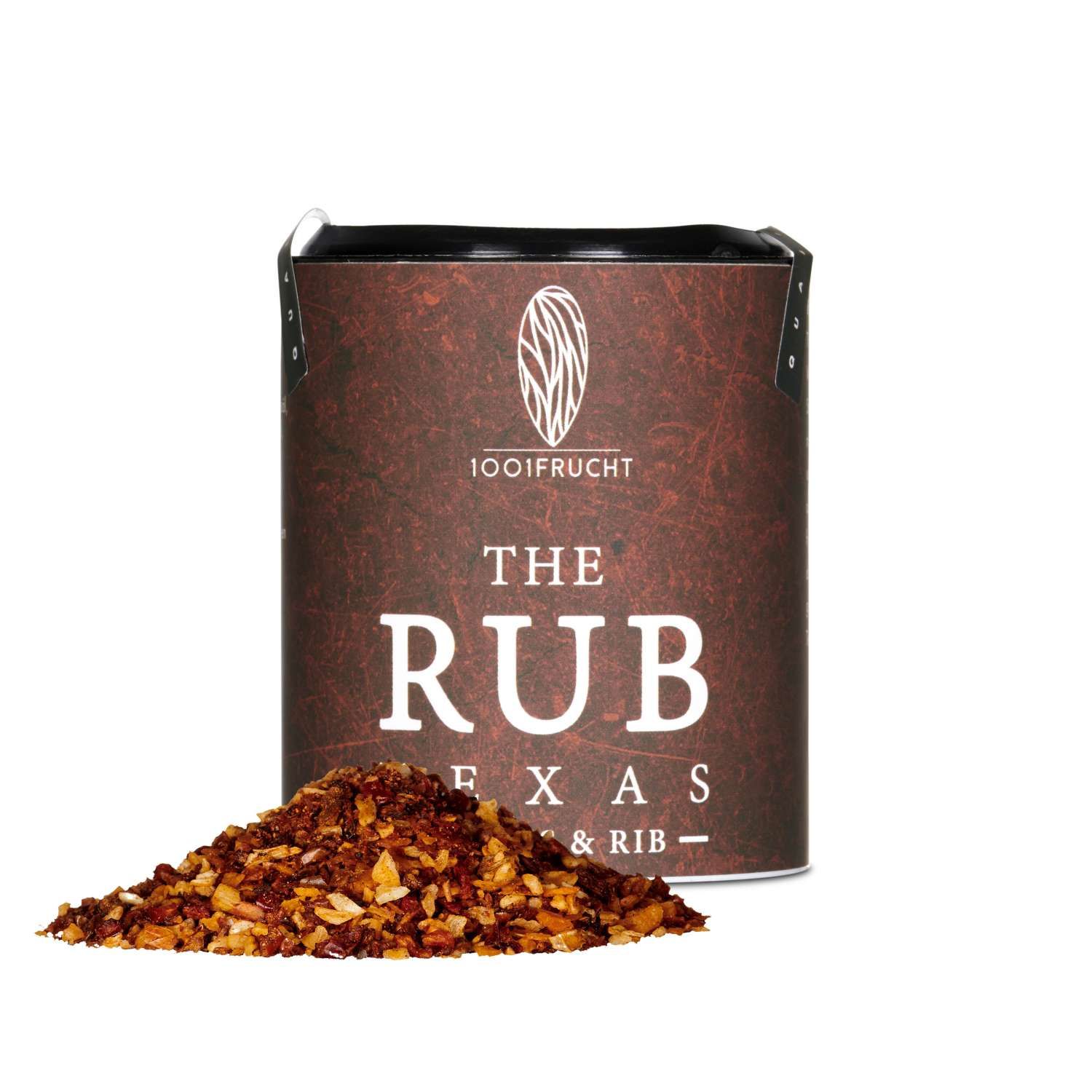 Braune Dose mit Aufschrift "THE RUB TEXAS & RIB". Daneben ein Haufen Gewürze. Marke: 1001 Frucht.