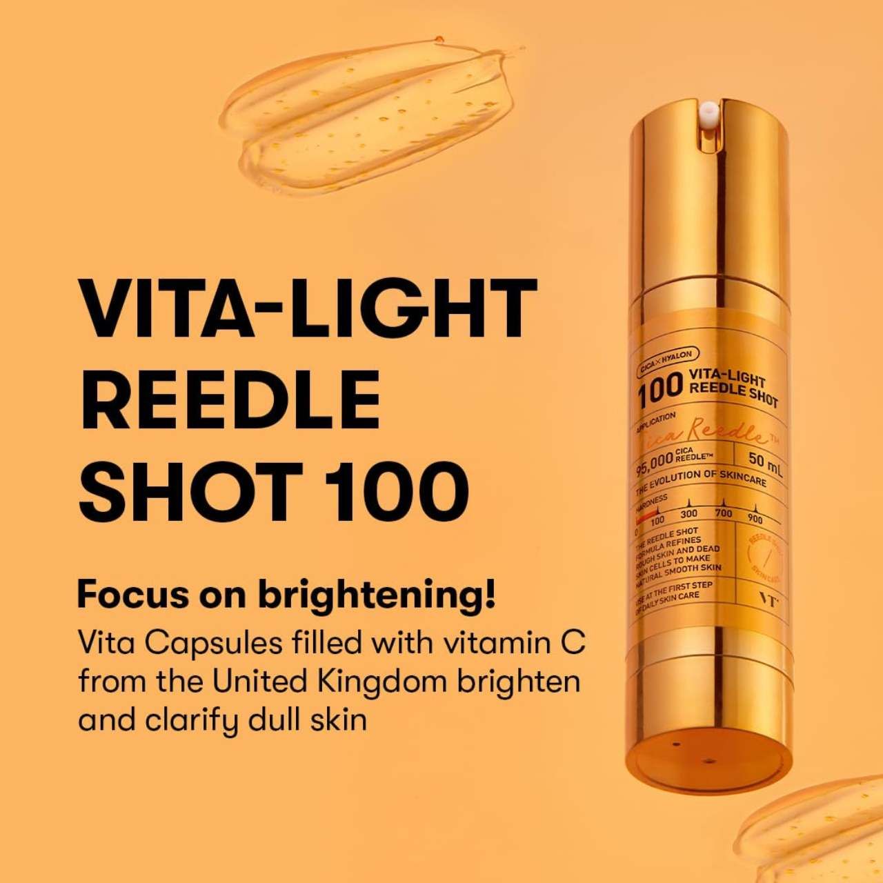 Goldfarbene Flasche "VITA-LIGHT REEDLE SHOT 100". Text: "Focus on brightening!". Mit gelben Kapseln.