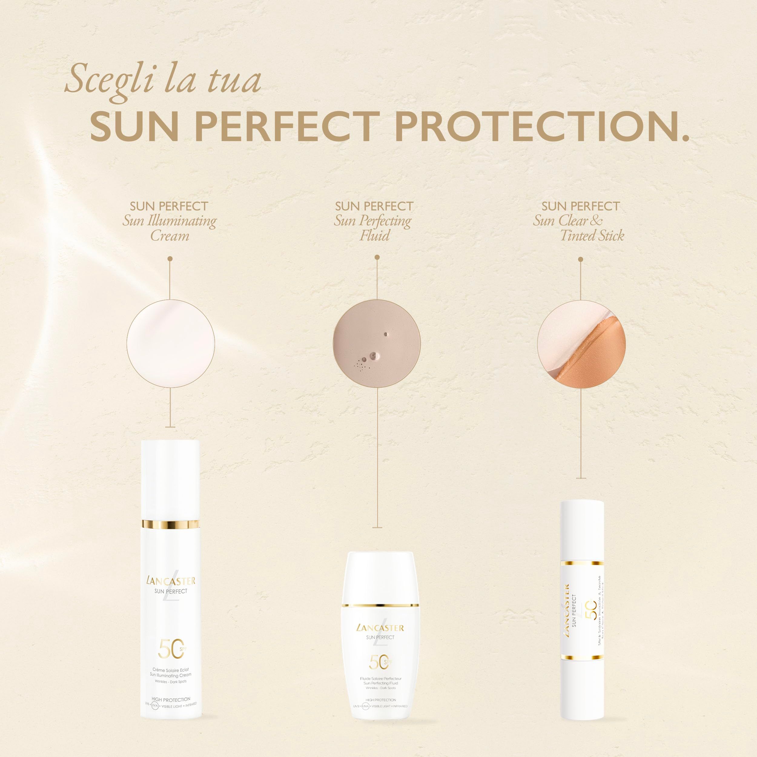 Lancaster Sun Perfect Produkte: Cream, Fluid und Stick.