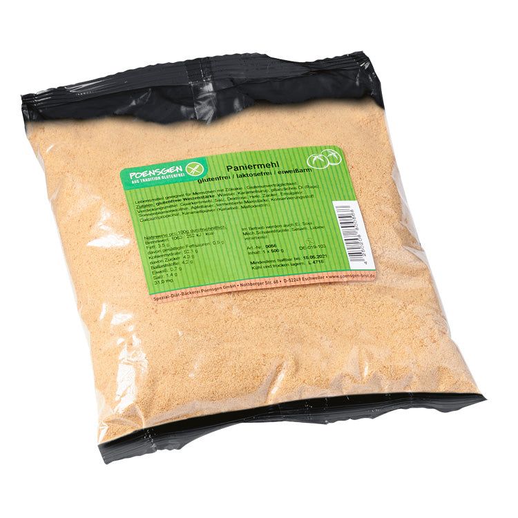 Beutel mit glutenfreiem Paniermehl. Aufdruck: Poensgen, Paniermehl, glutenfrei. Grüne Etikette mit Nährwertangaben.