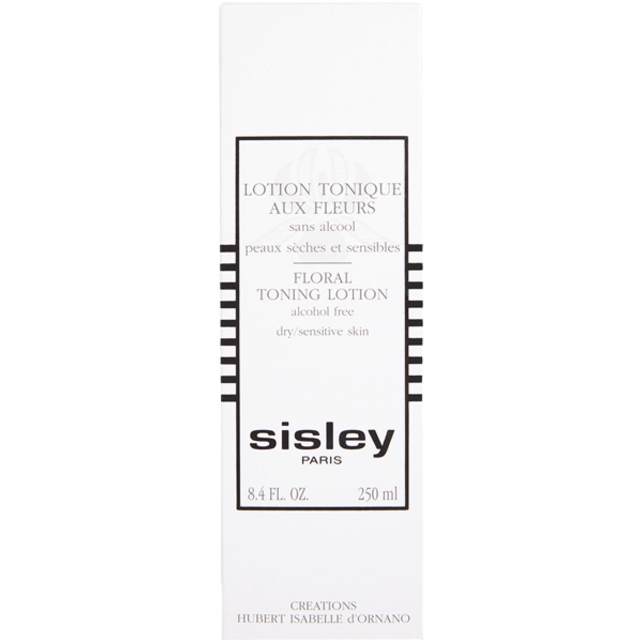 Weiße Verpackung mit schwarzer Schrift. Beschriftung: Lotion Tonique aux Fleurs, Sisley Paris, 250 ml.