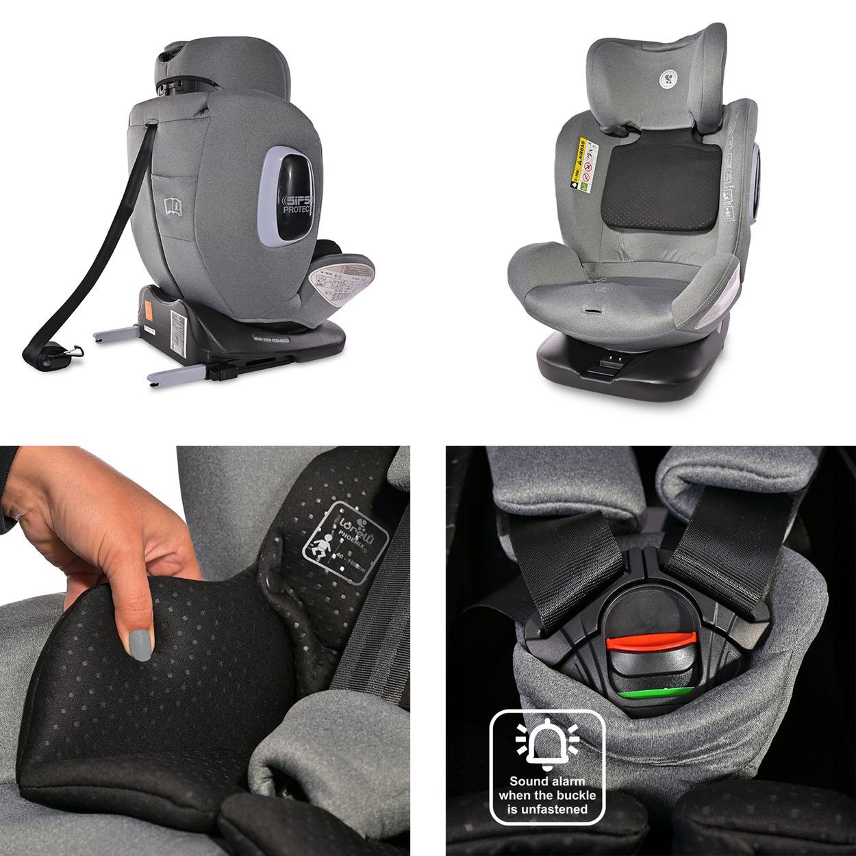 Kindersitz mit verstellbarer Rückenlehne und drehbarer Basis. SIPS PROTECT.