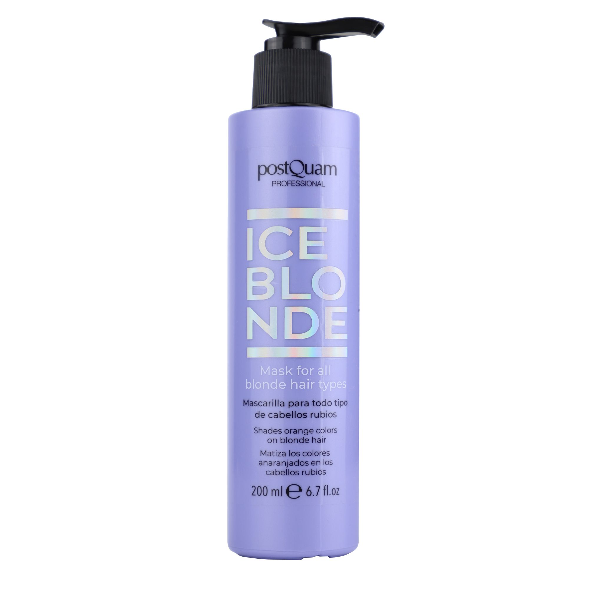 Flasche mit Pumpe. Aufschrift: ICE BLONDE. Text: Maske für blondes Haar. Volumen: 200 ml. Farbe: Lila.