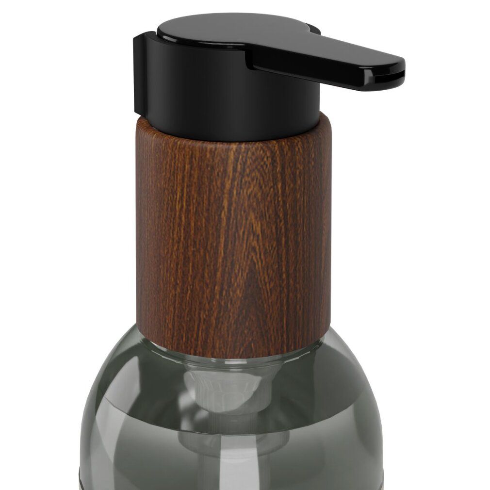 Nahaufnahme des Pumpspenders und des Holz-Akzents einer Cobeco Bio Gleitmittelflasche.