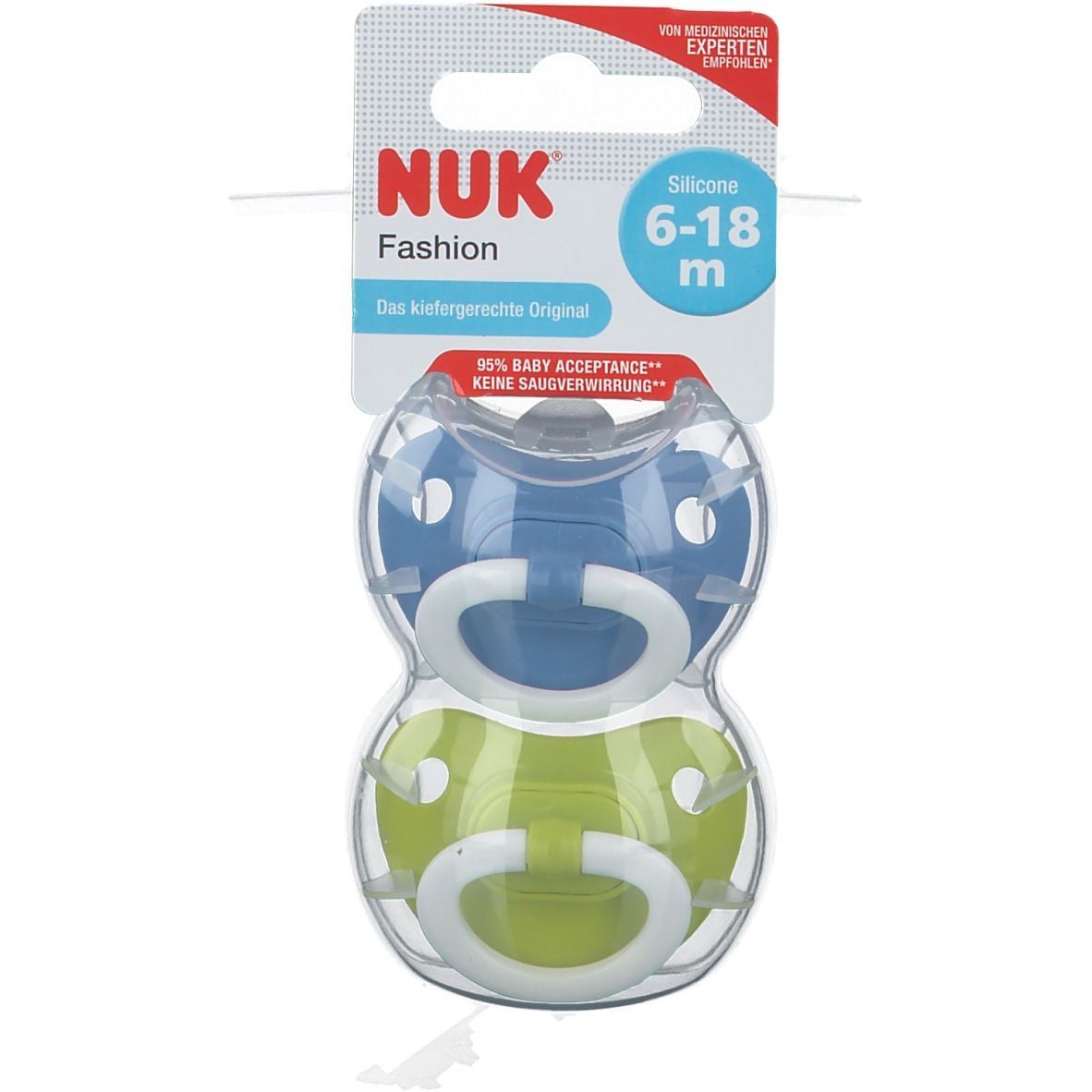 Zwei Schnuller in wiederverwendbarer Box. Blau und grün. Verpackung mit NUK-Logo, 6-18m. "95% BABY ACCEPTANCE".