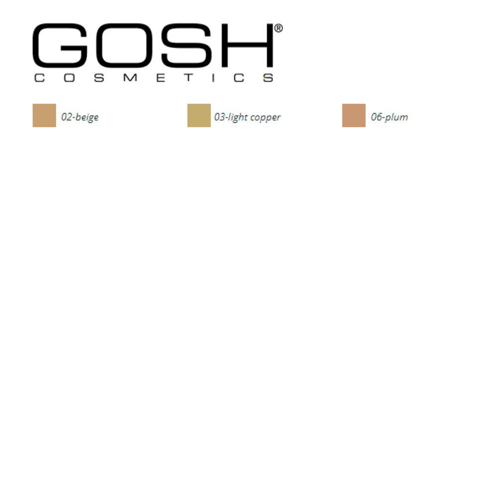 GOSH Cosmetics Logo. Farbfelder: 02-beige, 03-light copper, 06-plum.