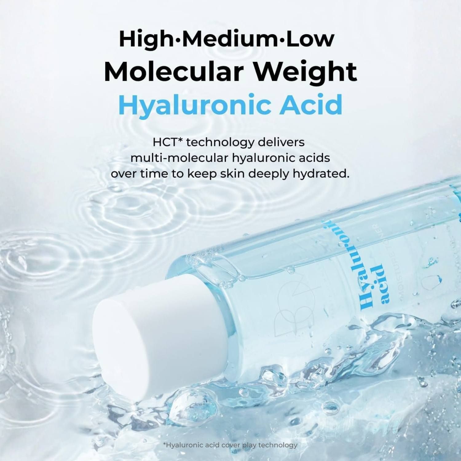 BOM Hyaluronic Acid Moisture Toner mit Wasser-Effekt und Text über Molekulargewicht.