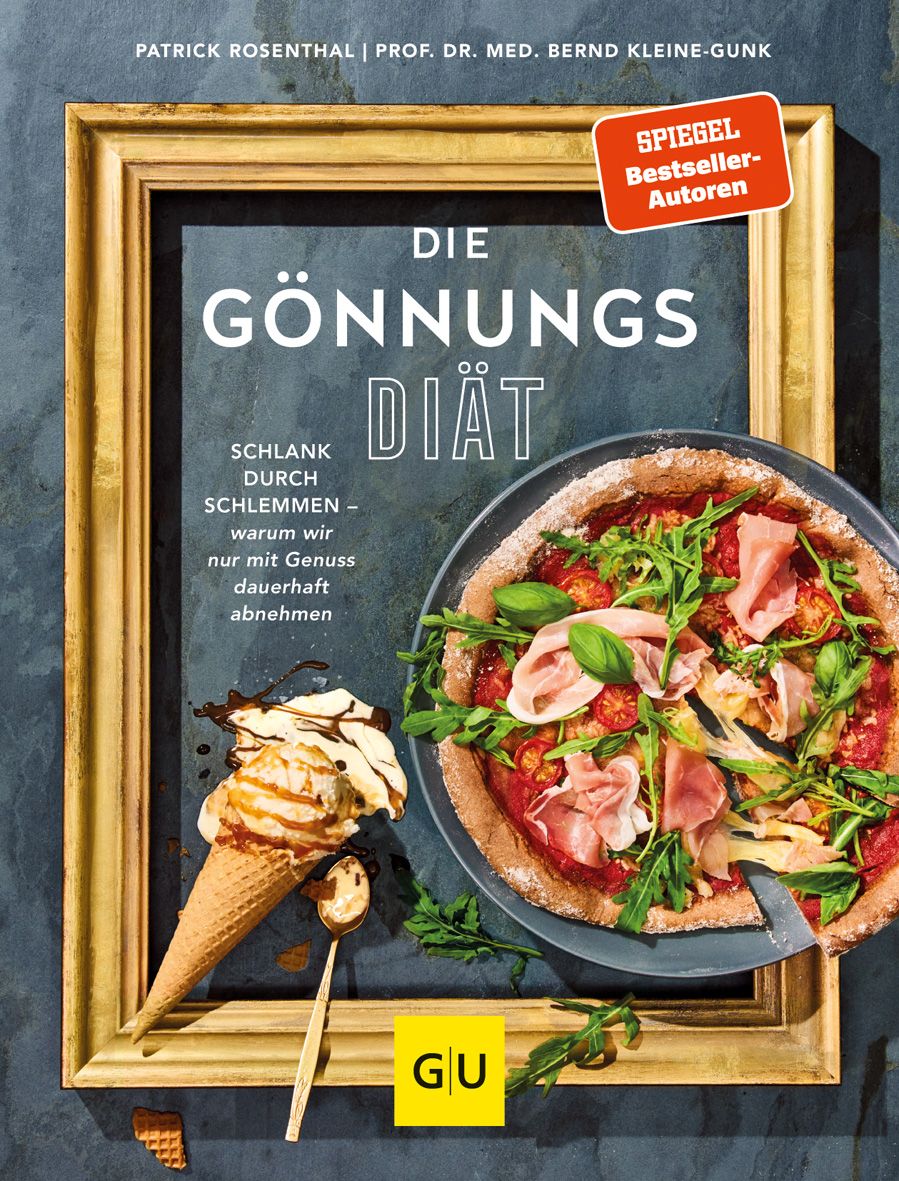 Buchcover mit Titel "Die Gönnungs-Diät". Pizza, Eis und Text vor goldenem Rahmen. "GU" Logo unten rechts.