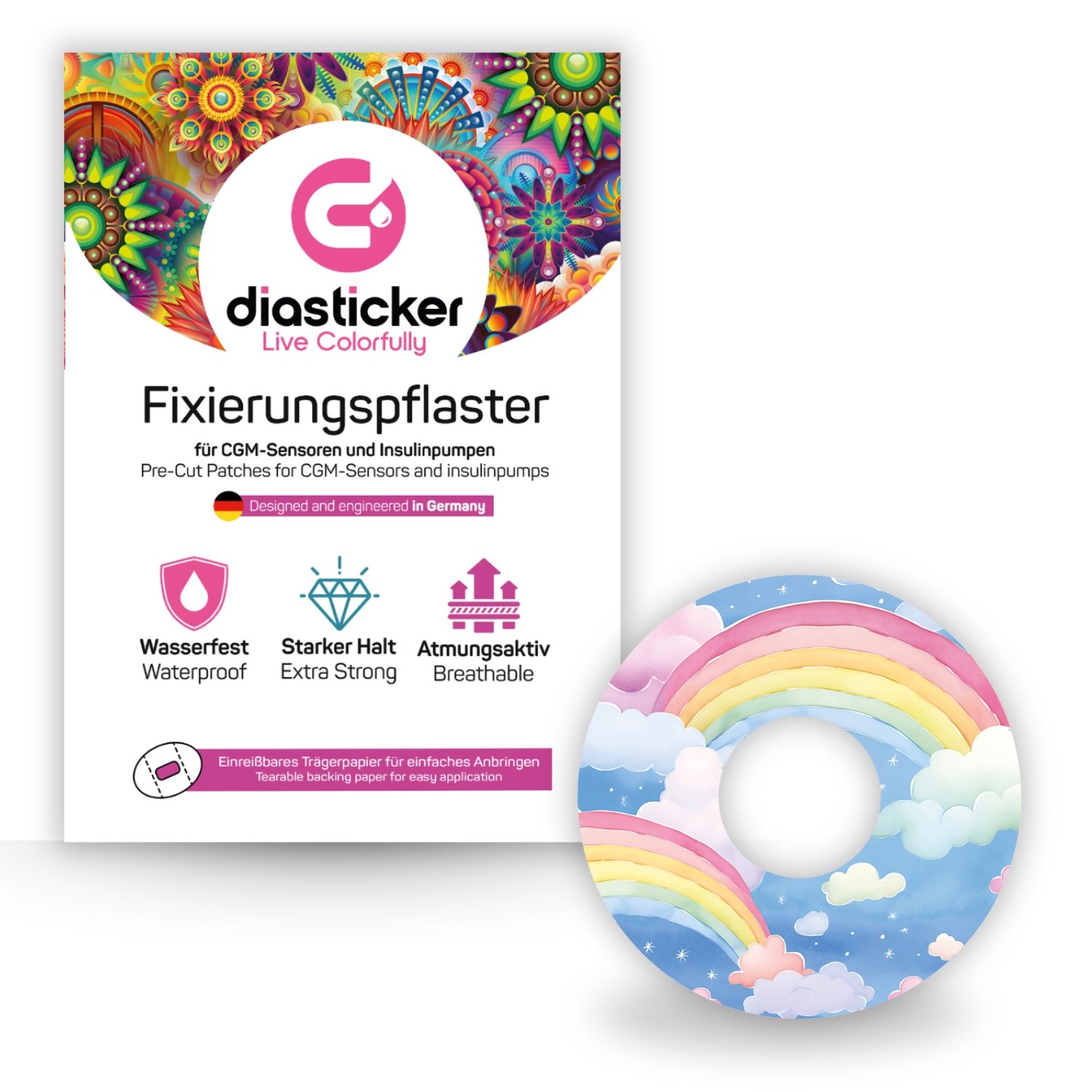 Verpackung und runder Aufkleber mit Regenbogen-Wolken-Design. Aufkleber: Loch in der Mitte. Verpackung: diosticker, Fixierungspflaster.