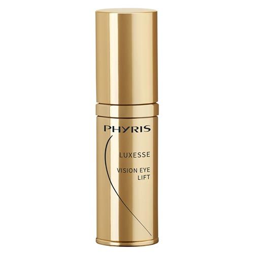 Goldfarbene Flasche mit Deckel. Aufschrift: PHYRIS, LUXESSE, VISION EYE LIFT. Vertikale Ansicht.