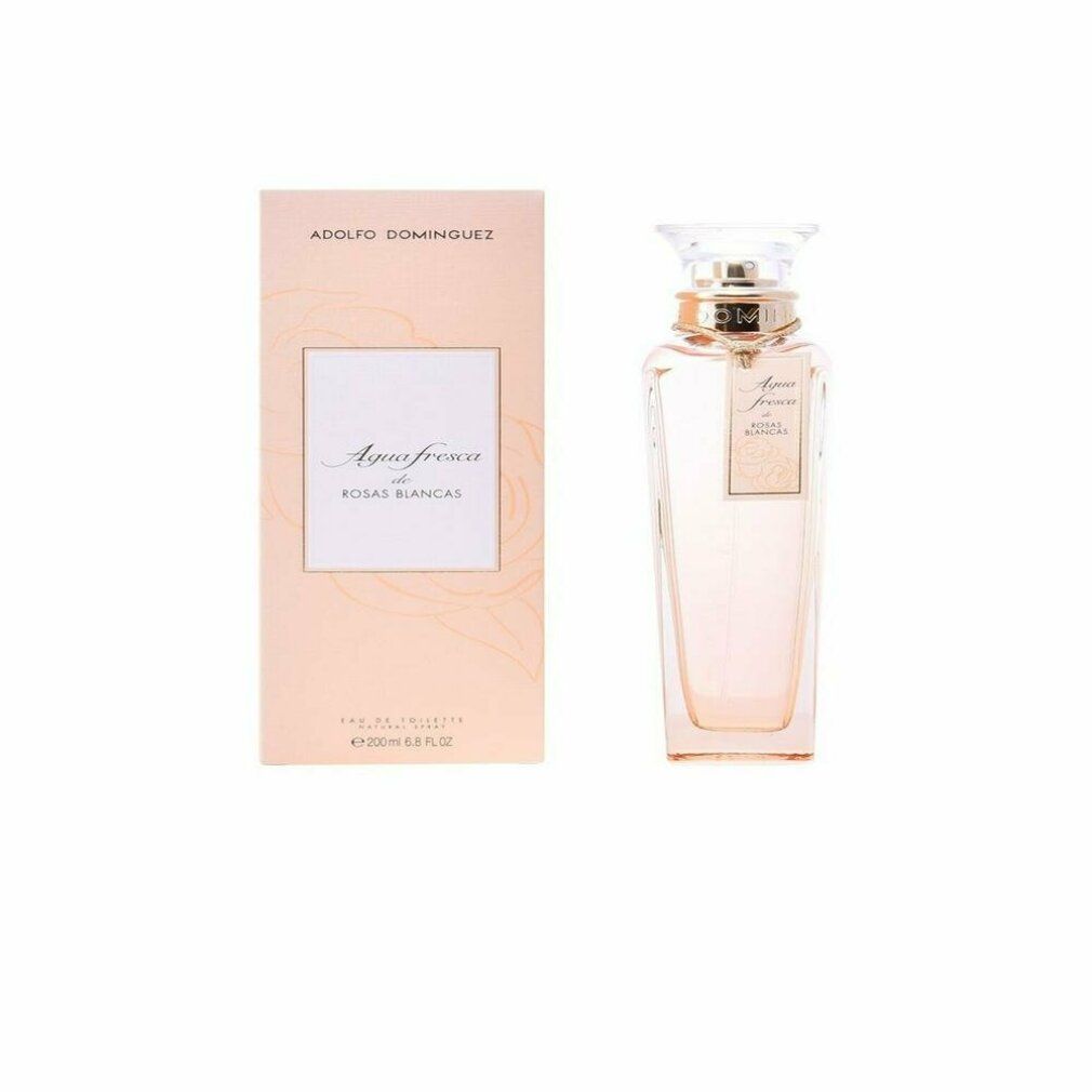 Rosa-Parfümflasche und -Verpackung. Flasche mit transparentem Verschluss, rosa Flüssigkeit. Verpackung mit Text: Agua fresca de Rosas Blancas.