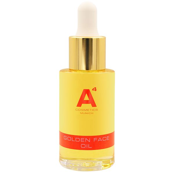 A4 Cosmetics Golden Face Oil Flasche. Gelbe Flüssigkeit. Roter Streifen mit Aufschrift. Goldener Verschluss mit Pipette.