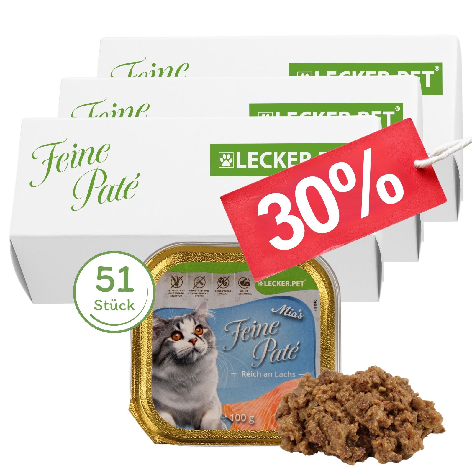 Drei Packungen "Feine Paté" Katzenfutter, eine einzelne Schale mit Katze und Lachs-Motiv, 30% Rabatt-Schild, 51 Stück-Aufkleber.