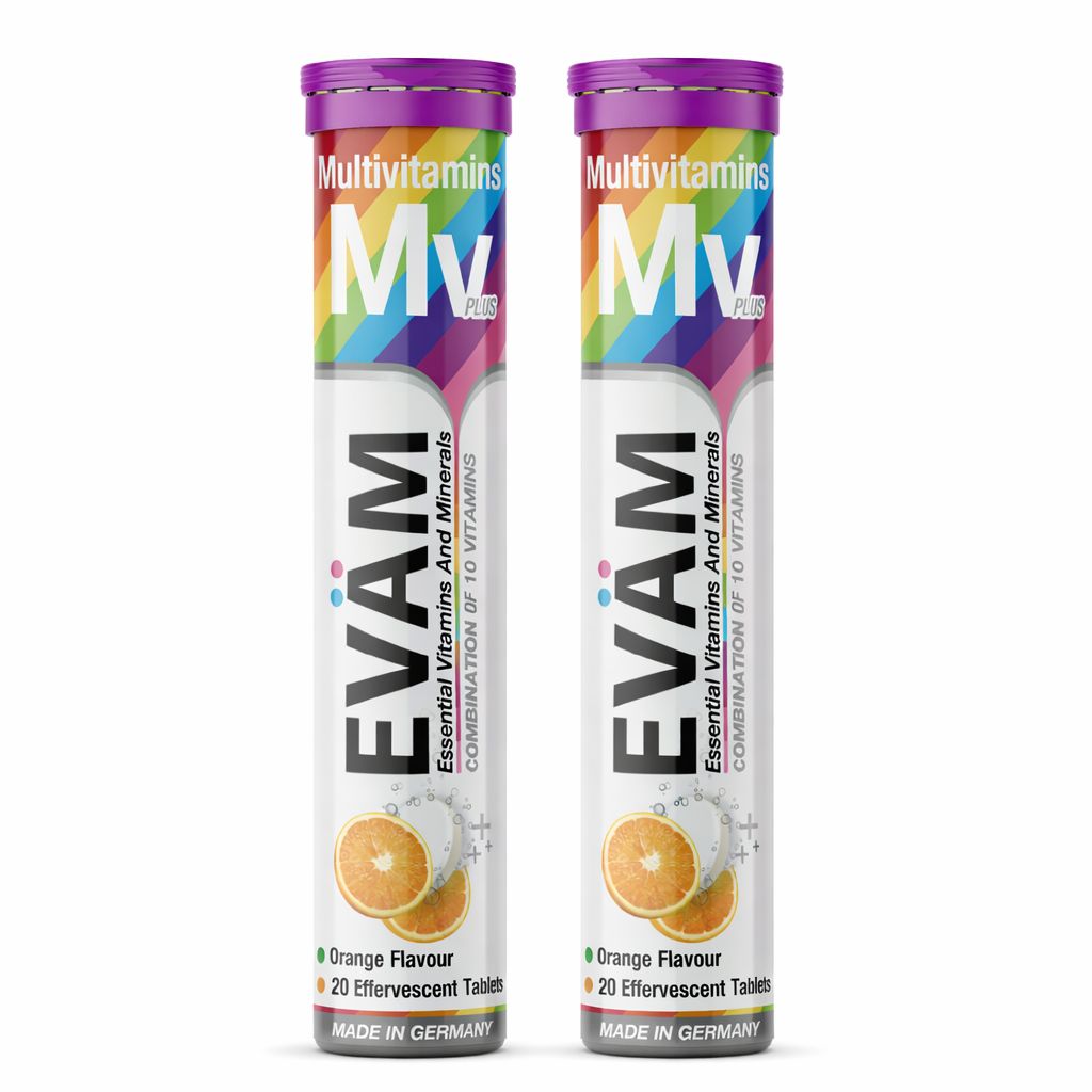 Zwei zylindrische EVÄM Multivitamin-Röhren. Jede Röhre hat einen lila Deckel und enthält 20 Brausetabletten mit Orangengeschmack. Aufschrift: EVÄM, Multivitamin.