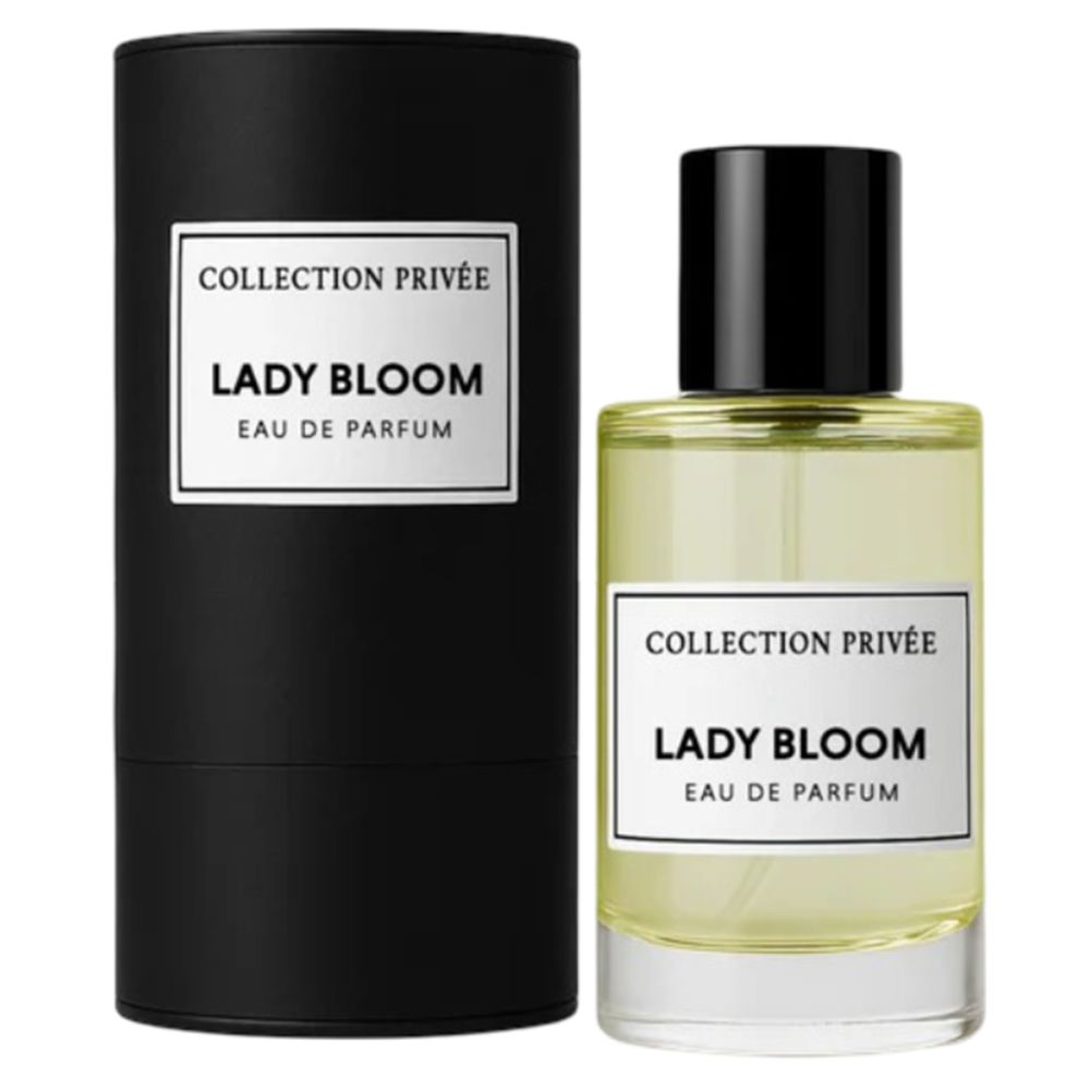 Parfümflakon und zylindrische Verpackung. Aufschrift: Collection Privée, Lady Bloom, Eau de Parfum. Schwarzer Deckel.