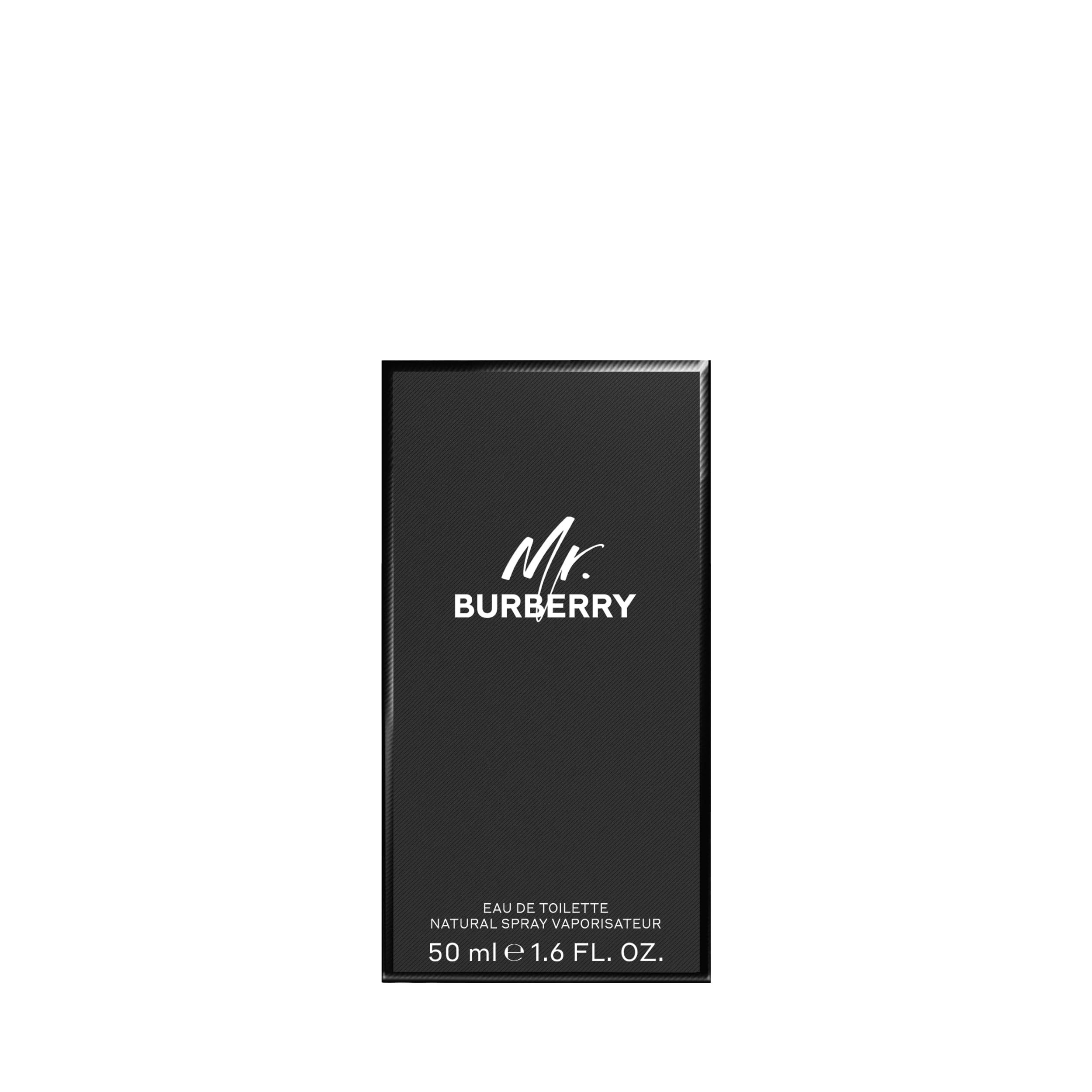 Schwarze Schachtel mit weißem "Mr. Burberry" Logo. Text: Eau de Toilette, 50 ml, 1.6 FL OZ.