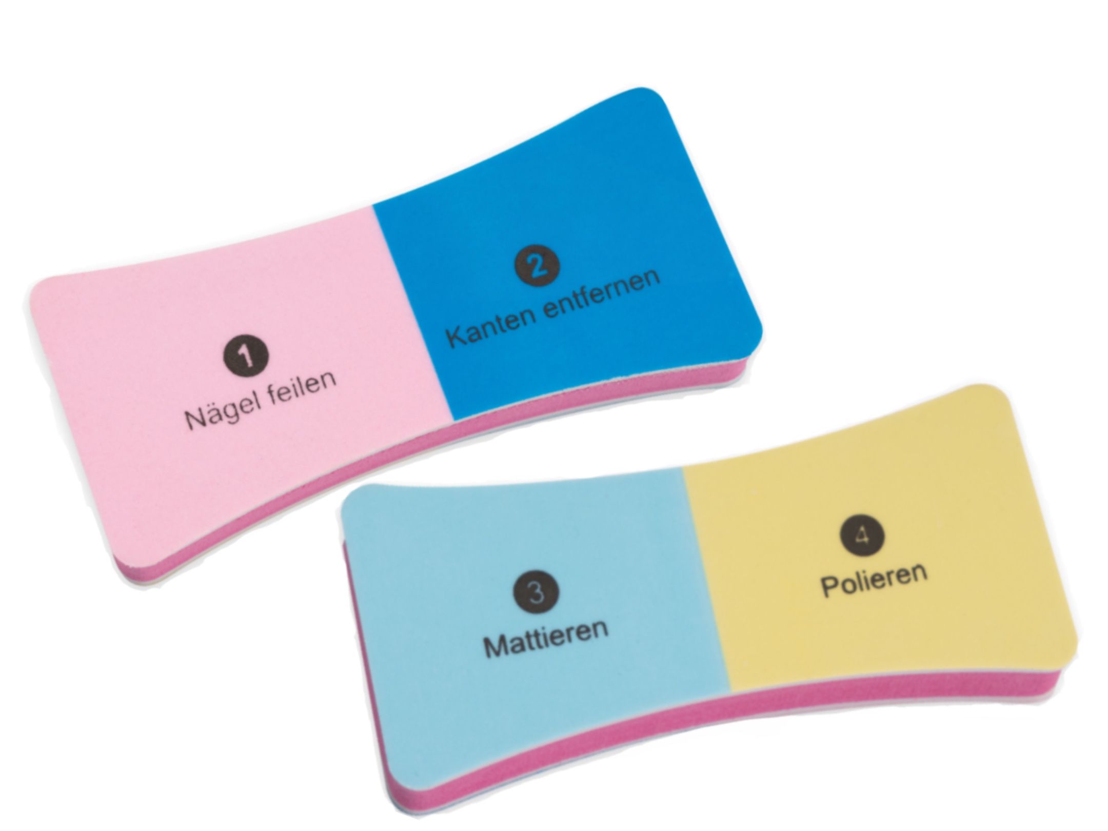 Twee nagelpolijstblokken. Roze, blauw en geel. Opschriften: vijlen, randen verwijderen, matteren, polijsten. Nummering.