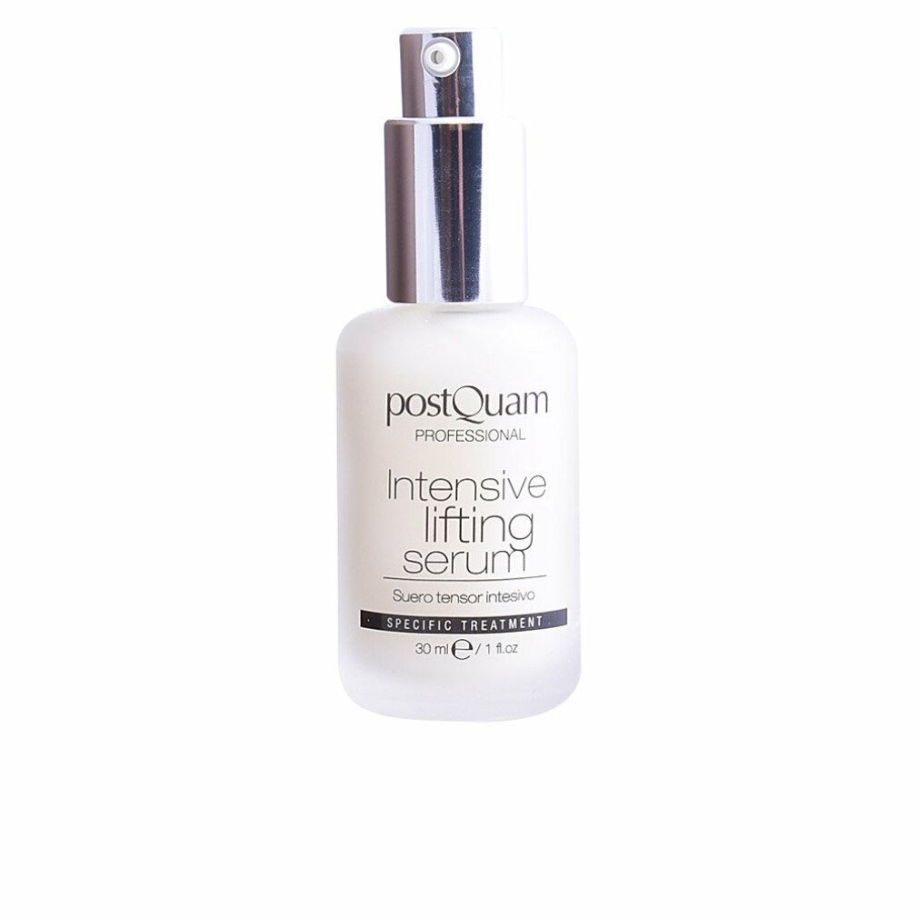 Weißes Serumfläschchen mit silbernem Sprühkopf. Beschriftung: PostQuam, Intensive Lifting Serum, Specific Treatment. 30 ml.
