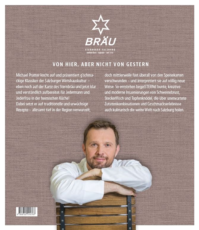 Buchrücken von "BEGEISTERN". Autor Michael Pratter. Text und Logo "BRÄU" sichtbar. Mann sitzt auf Stuhl.