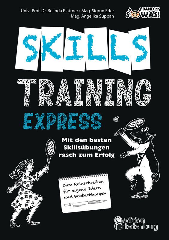 Buchcover: Skills Training Express. Titel, Autoren, Illustrationen von Badmintonspielern und Notizblock.