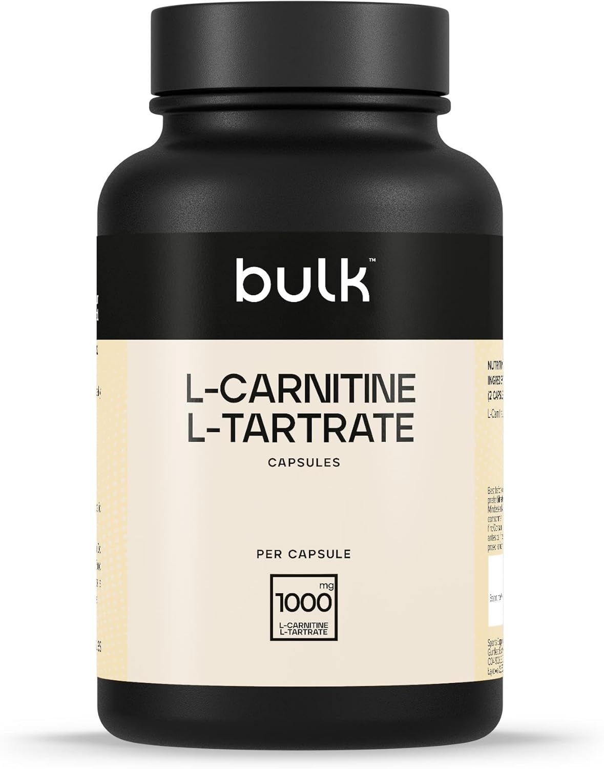 Schwarze Flasche mit weißem Etikett. Aufschrift: Bulk, L-Carnitin L-Tartrat Kapseln. 1000 mg pro Kapsel.