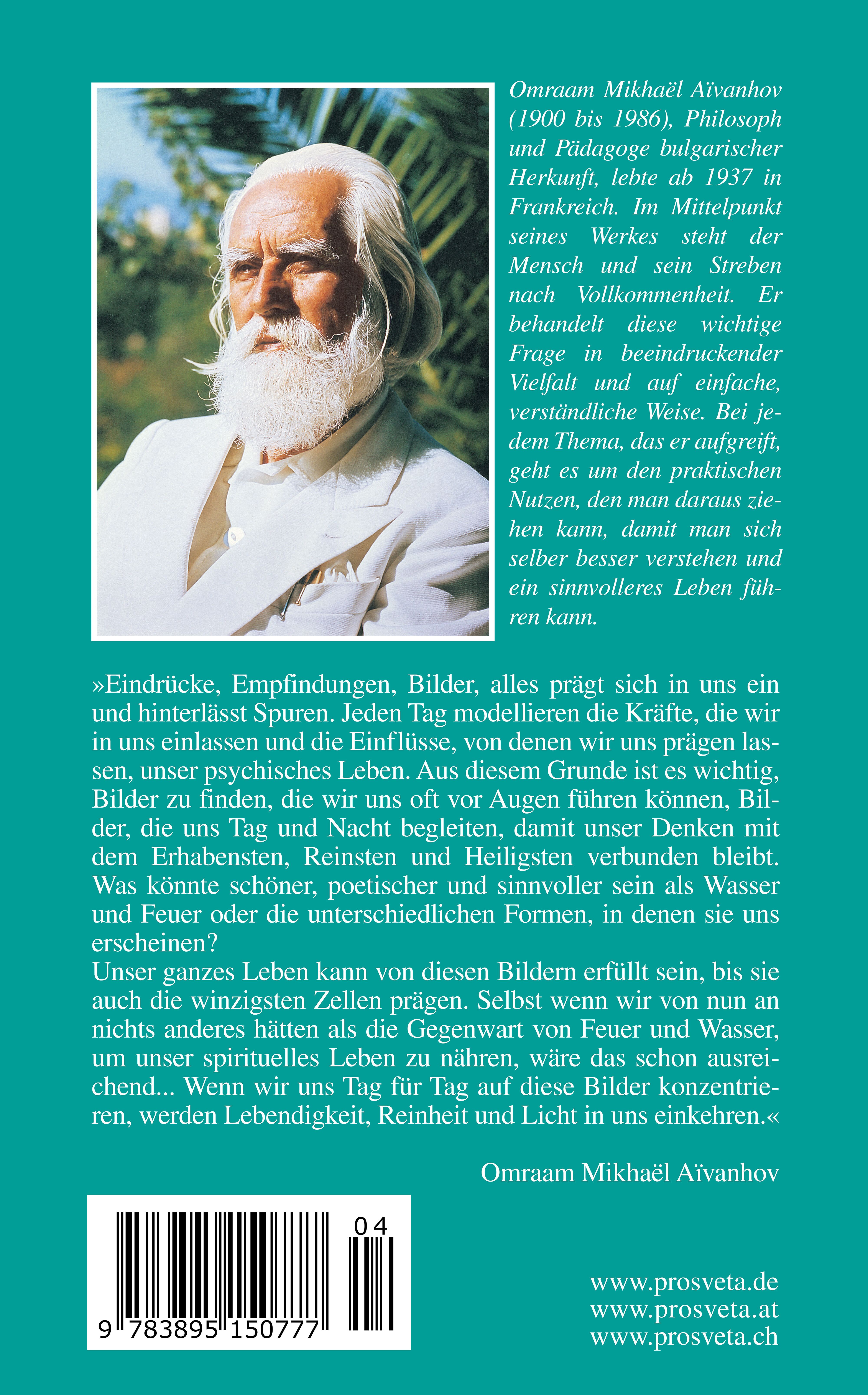 Rückseite des Buches "Feuer und Wasser". Text in deutscher Sprache. Porträt von Omraam Mikhaël Aïvanhov. Verlag: Prosveta.