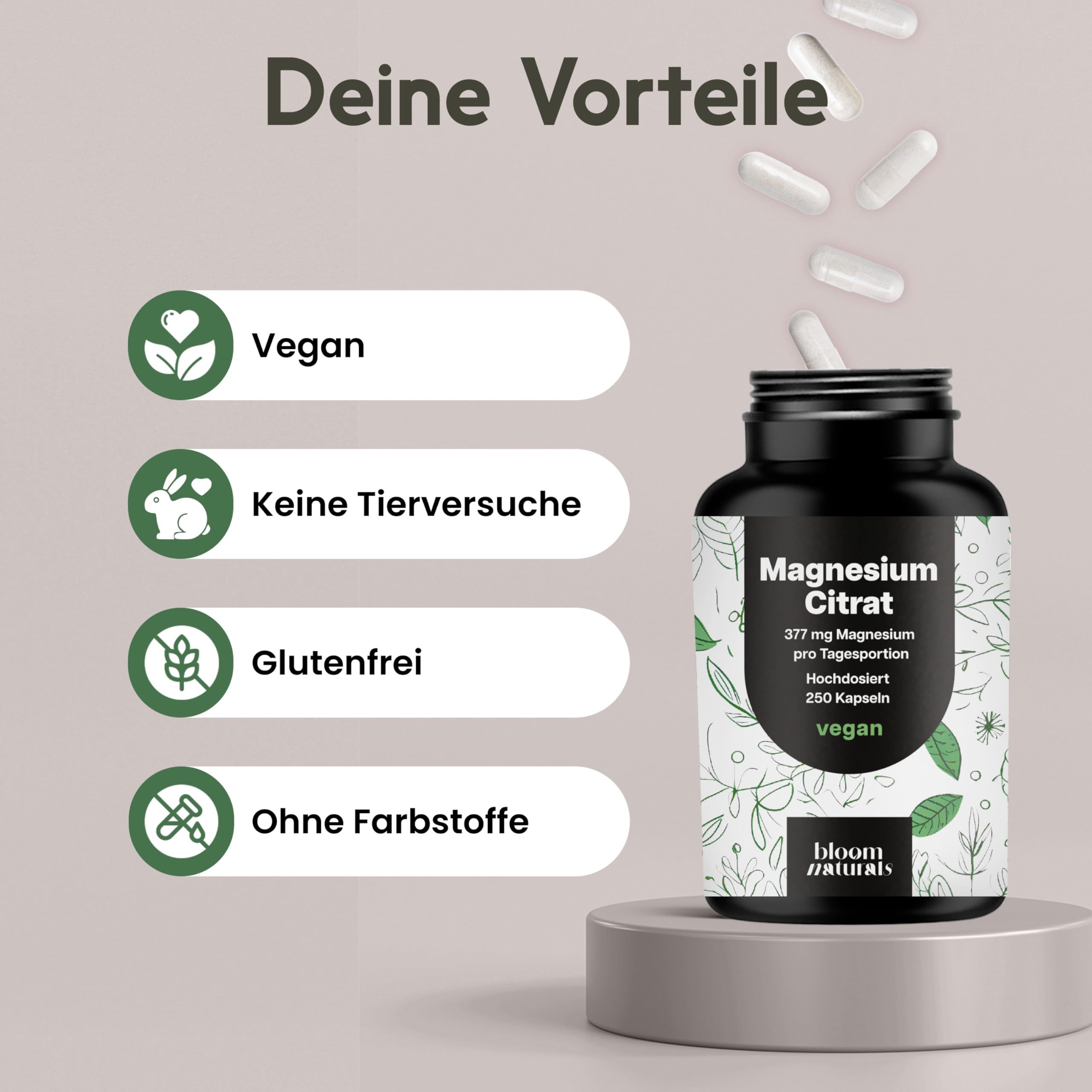 Produktflasche und Icons. Text: Vegan, keine Tierversuche, glutenfrei, ohne Farbstoffe.