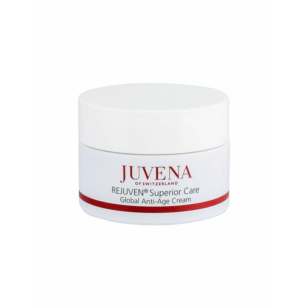 Weißer Tiegel mit roter Schrift. Aufschrift: Juvena of Switzerland, Rejuven Superior Care, Global Anti-Age Cream.