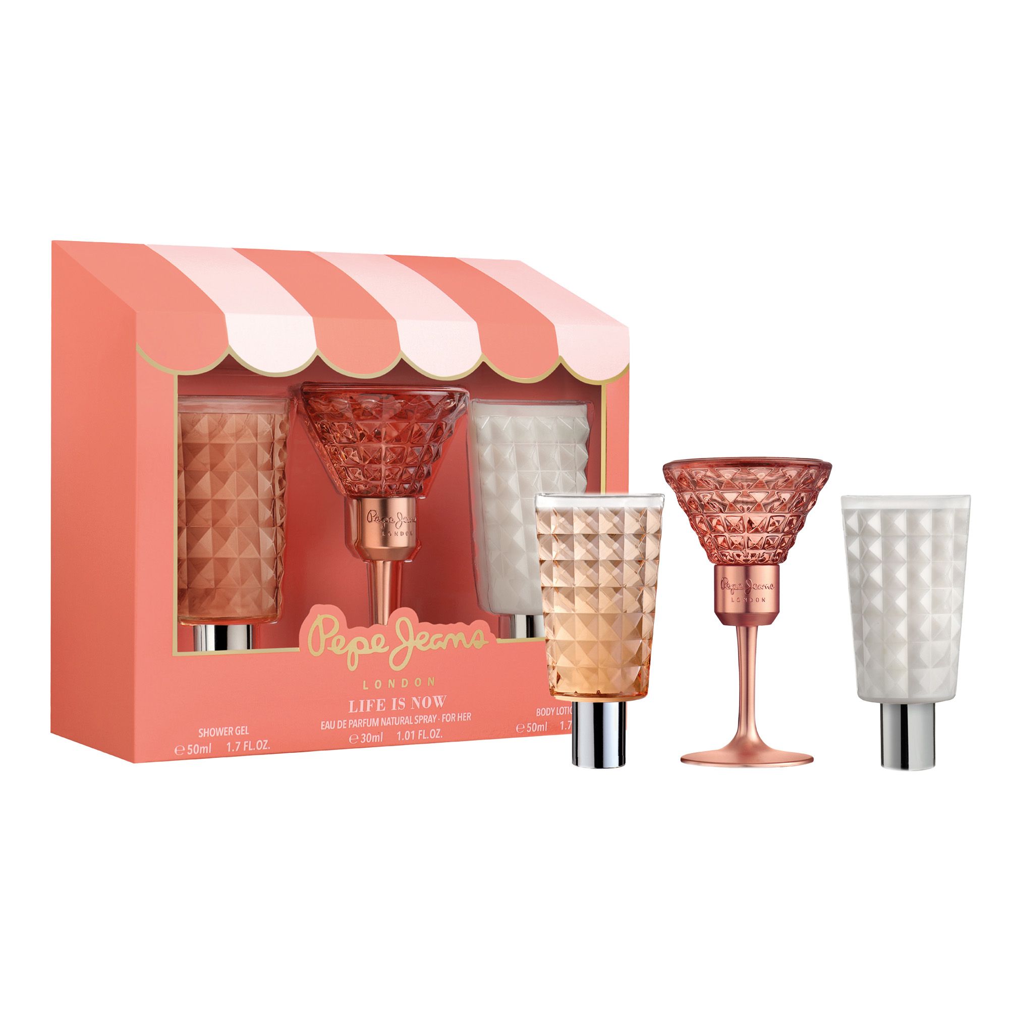 Geschenkset mit drei Produkten. Enthält Duschgel, Eau de Parfum und Bodylotion. Rosa Verpackung mit Schriftzug und Produktnamen.