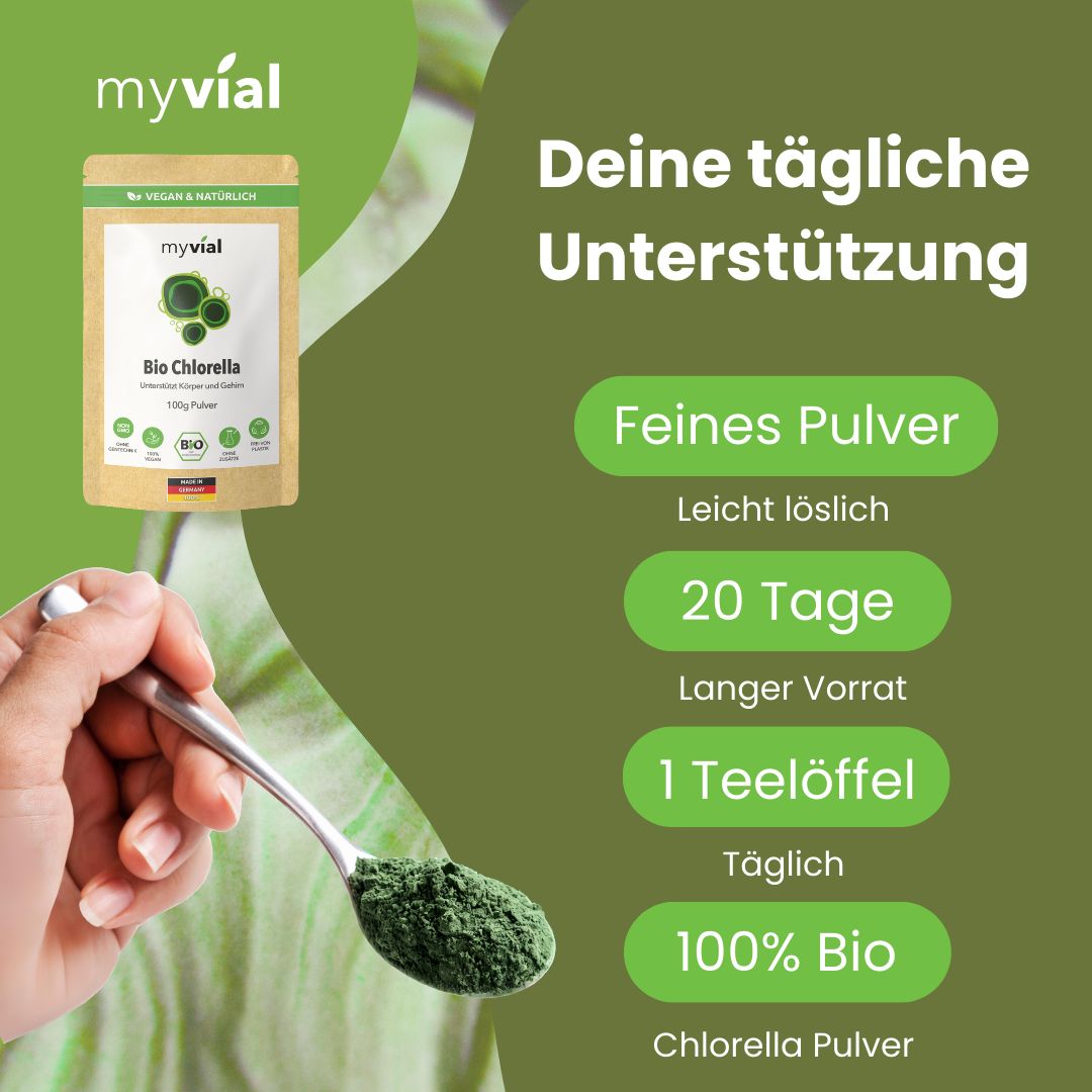 myvial® Bio Chlorella Pulver - 100 g mit Eisen & B12 - aufgebrochene Zellwand - vegan
