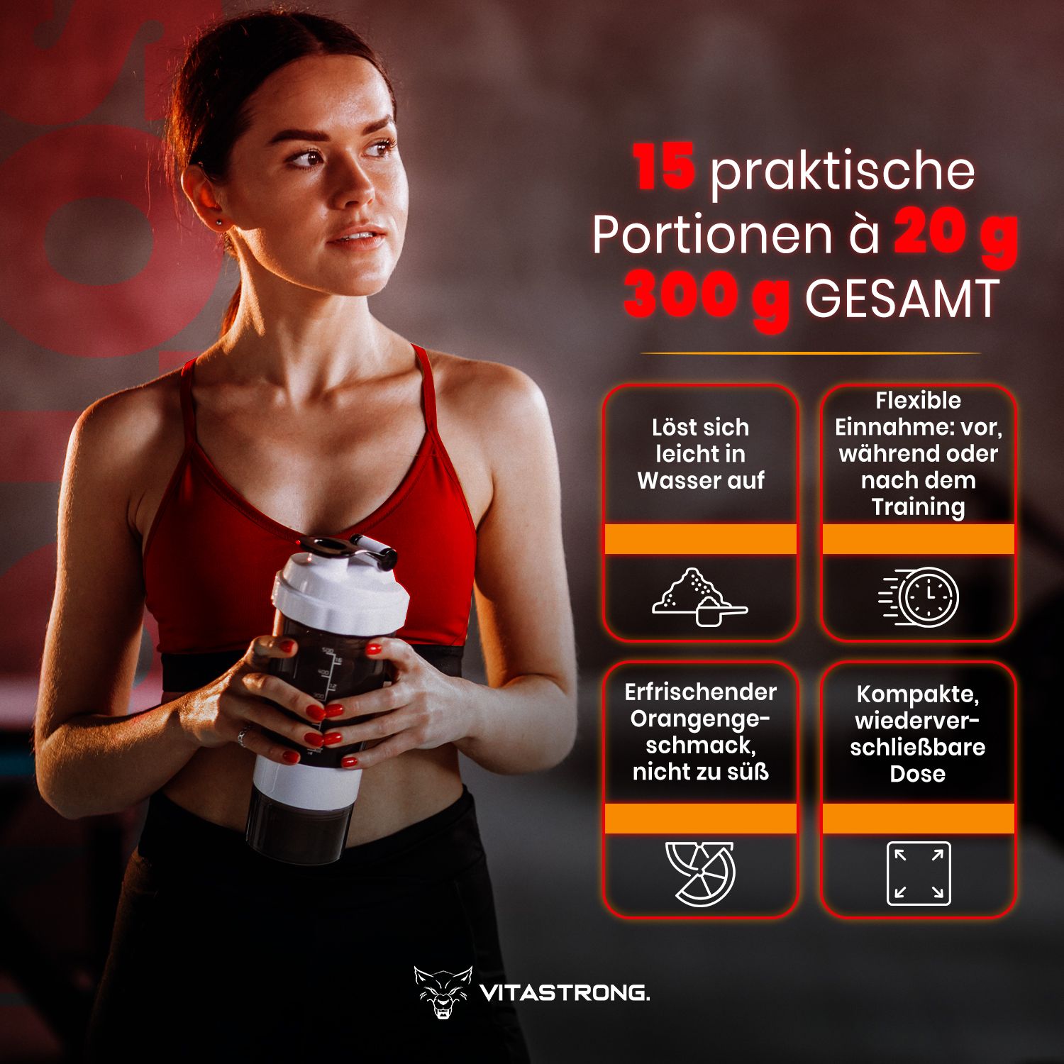 Frau mit Shaker. Text: 15 praktische Portionen à 20g, 300g TOTAL. Löst sich leicht in Wasser auf. Orangengeschmack.