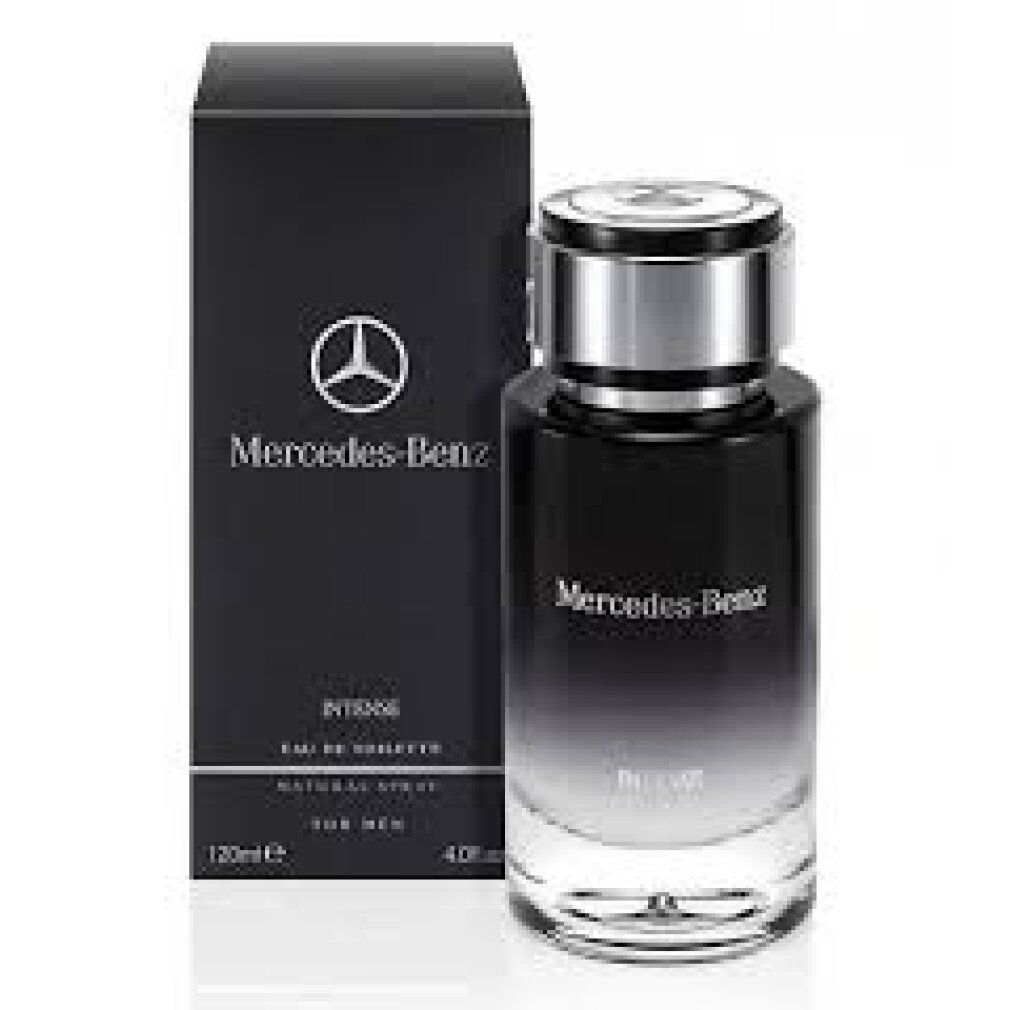 Schwarze Verpackung und Parfümflakon. Mercedes-Benz Logo und Schriftzug. INTENSE, Eau de Toilette, 120ml.
