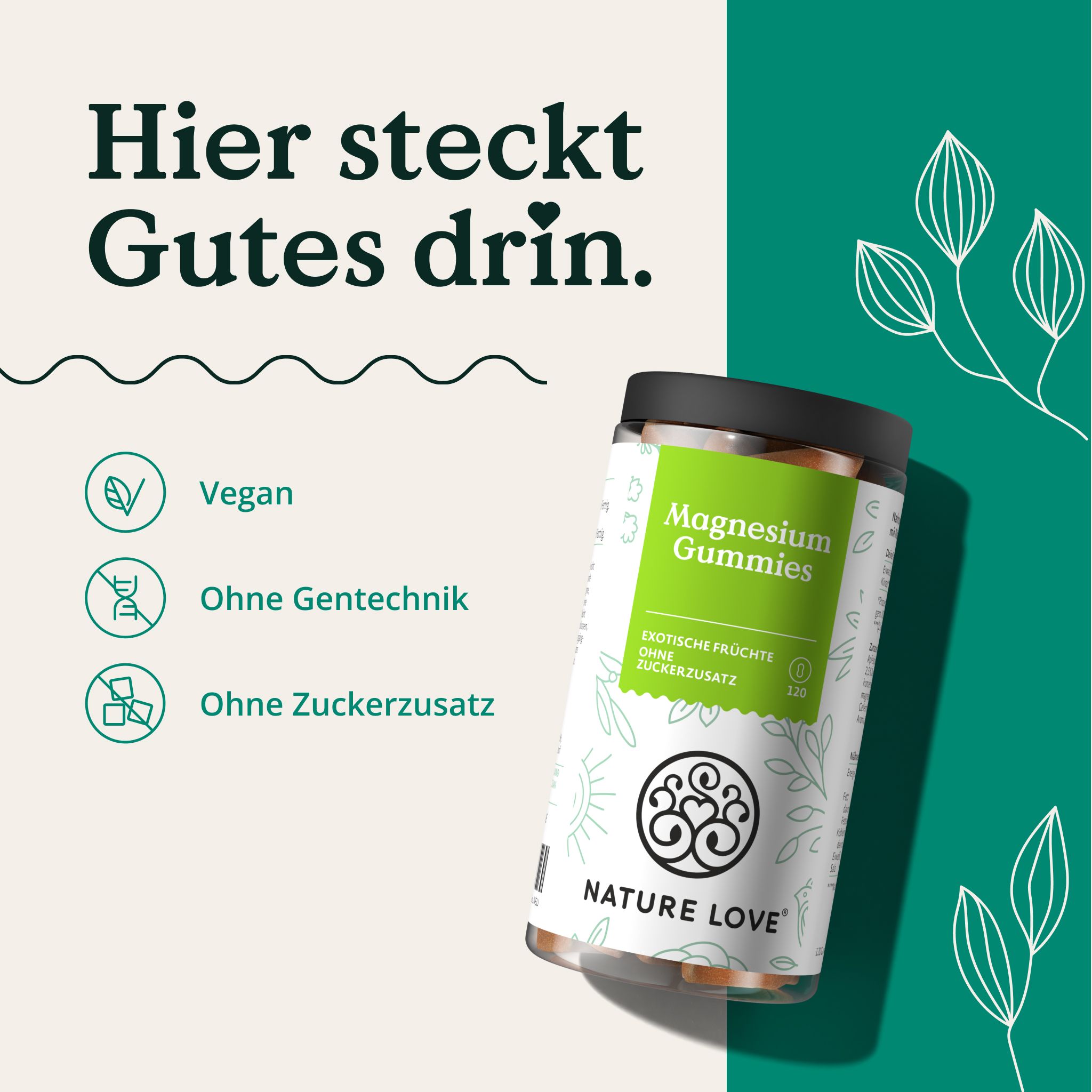 NATURE LOVE® Magnesiumcitrat Gummies – 120 Stk – 188mg Magnesium/Tagesdosis für Erwachsene