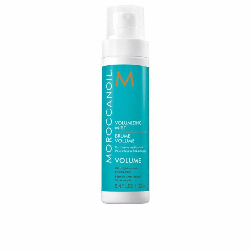 Weiß-türkisfarbene Sprühflasche. Text: Moroccanoil, Volumizing Mist, Brume Volume, Volume. 160 ml.