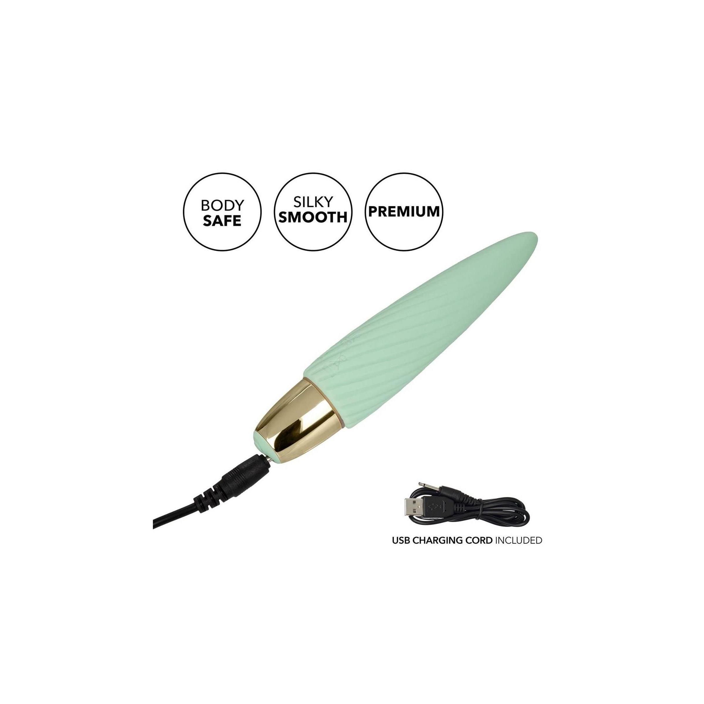 Minzfarbener Vibrator mit goldfarbenem Sockel. USB-Ladekabel angeschlossen. Text: Body Safe, Silky Smooth, Premium.