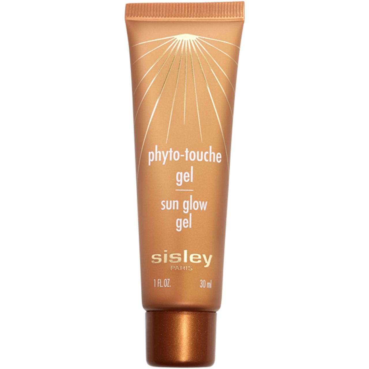 Tube mit Phyto-Touche Gel. Hellbraune Verpackung mit goldfarbenem Aufdruck. Schriftzug: Phyto-Touche Gel, Sun Glow Gel, Sisley Paris. 30 ml.