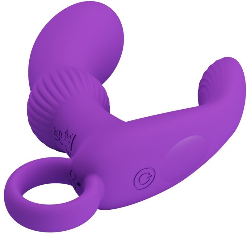 Lila Analvibrator. Gebogene Form mit Ring. Sichtbare Ein-/Aus-Taste. Glatte Oberfläche.