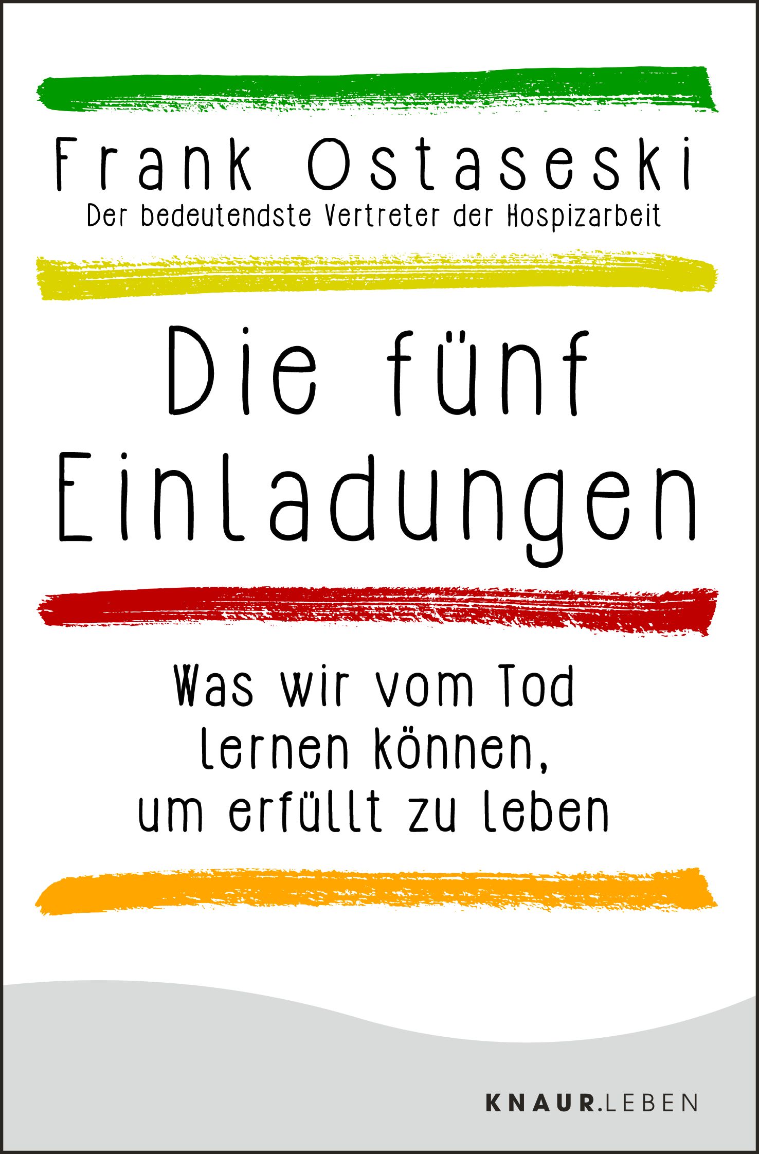 Buchcover: Titel "Die fünf Einladungen". Autor Frank Ostaseski. Farbige horizontale Streifen.