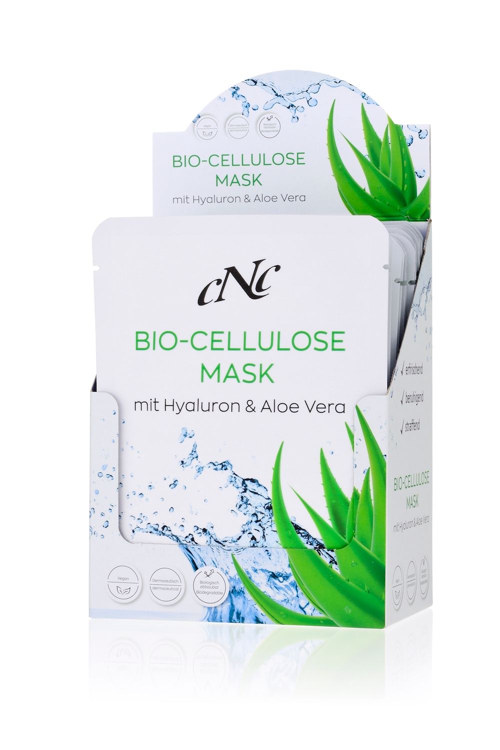 Verpackung mit CNC Bio-Cellulose Masken. Aufdruck: Bio-Cellulose Maske mit Hyaluron & Aloe Vera. Aloe Vera-Blatt-Illustration.