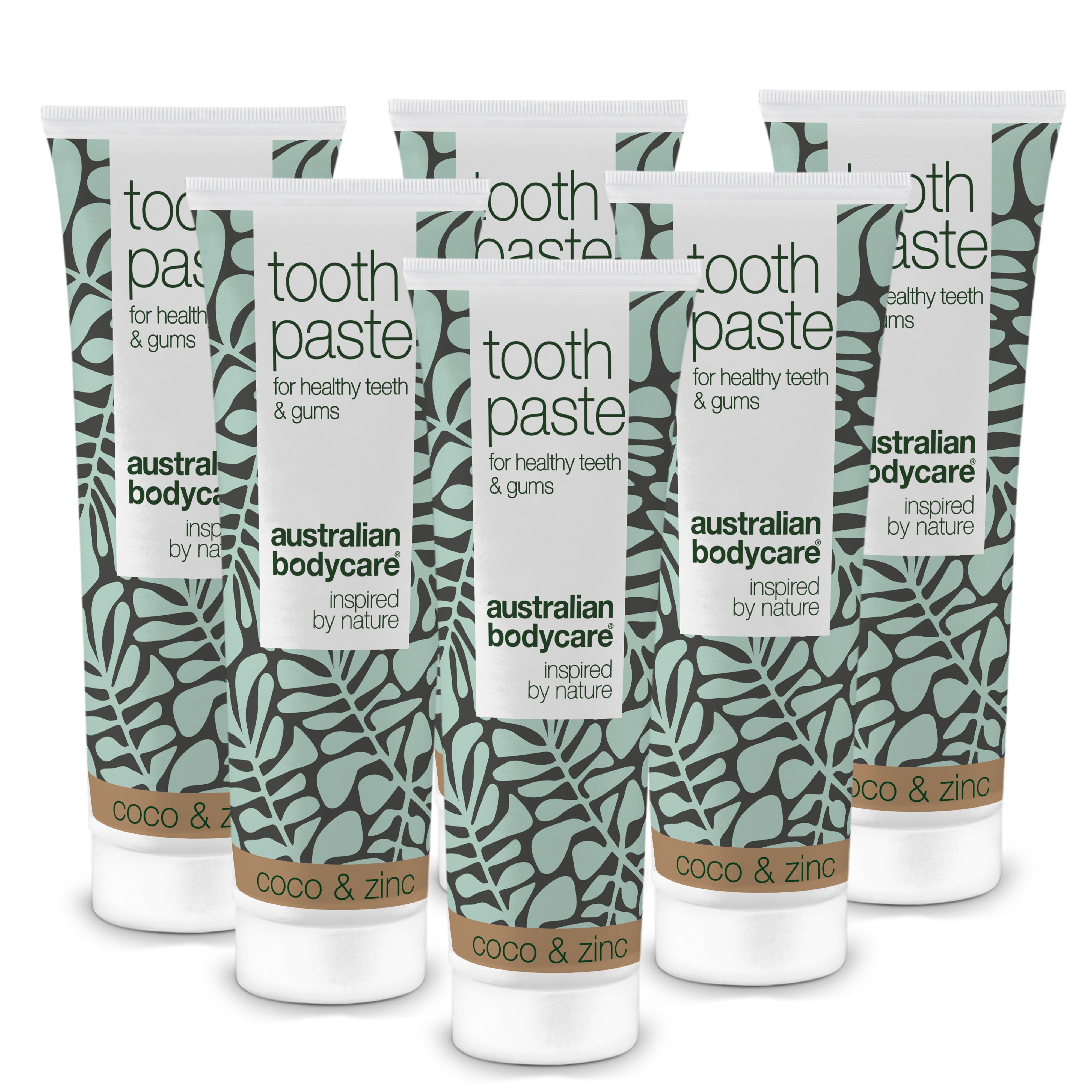 Zahncreme-Tuben, weiß mit grünem Muster, Text: Toothpaste, Australian Bodycare, Coco & Zinc.