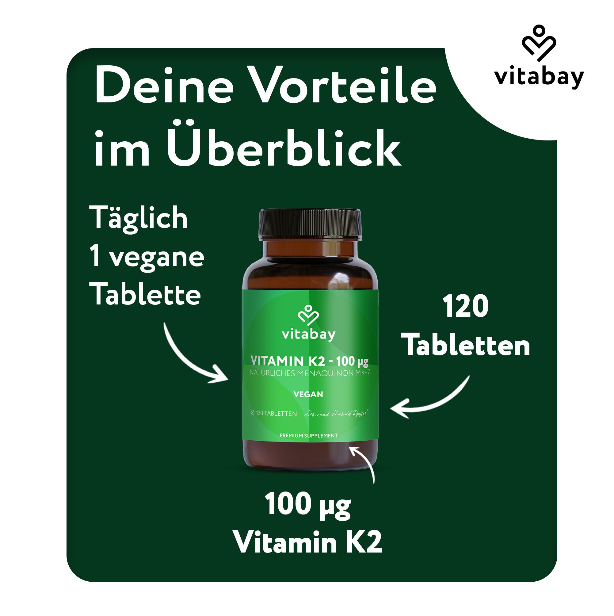 Vitabay Vitamin K2: 120 vegane Tabletten, 100 µg pro Tablette.