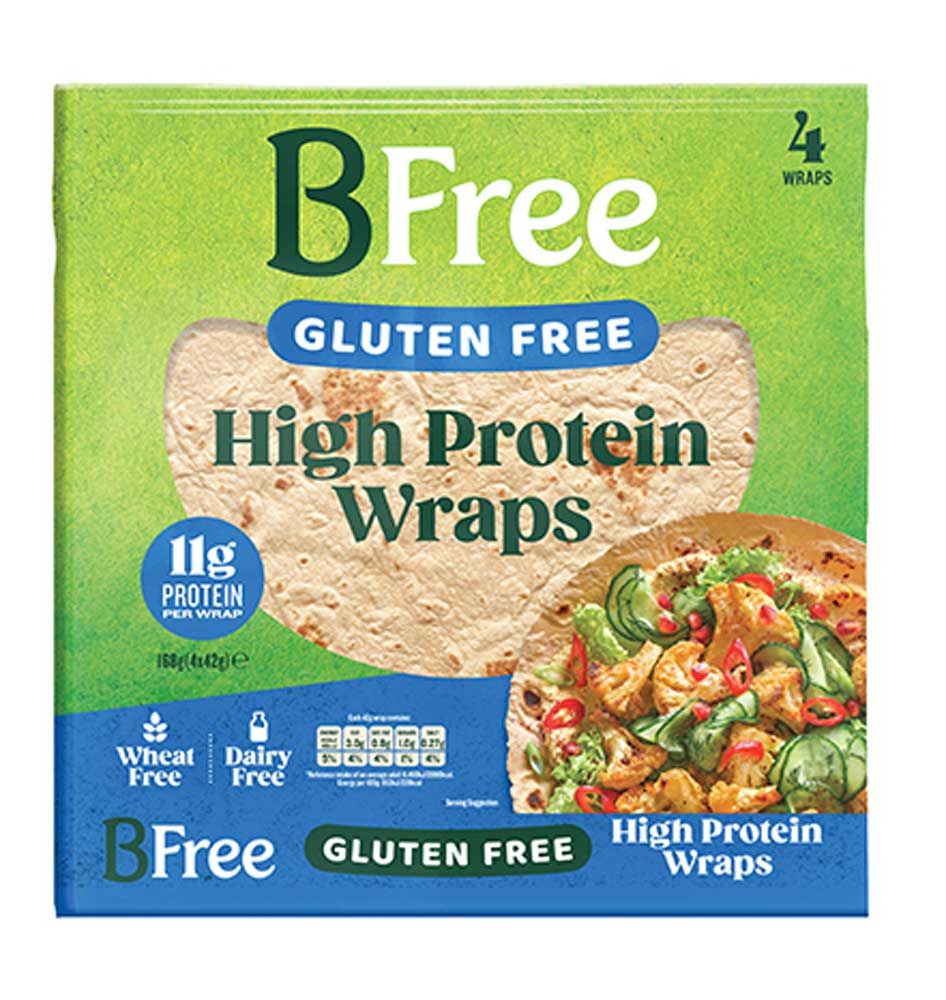 Verpackung mit glutenfreien High Protein Wraps. Enthält 4 Wraps. Aufschrift: BFree, High Protein Wraps, 11g Protein pro Wrap.