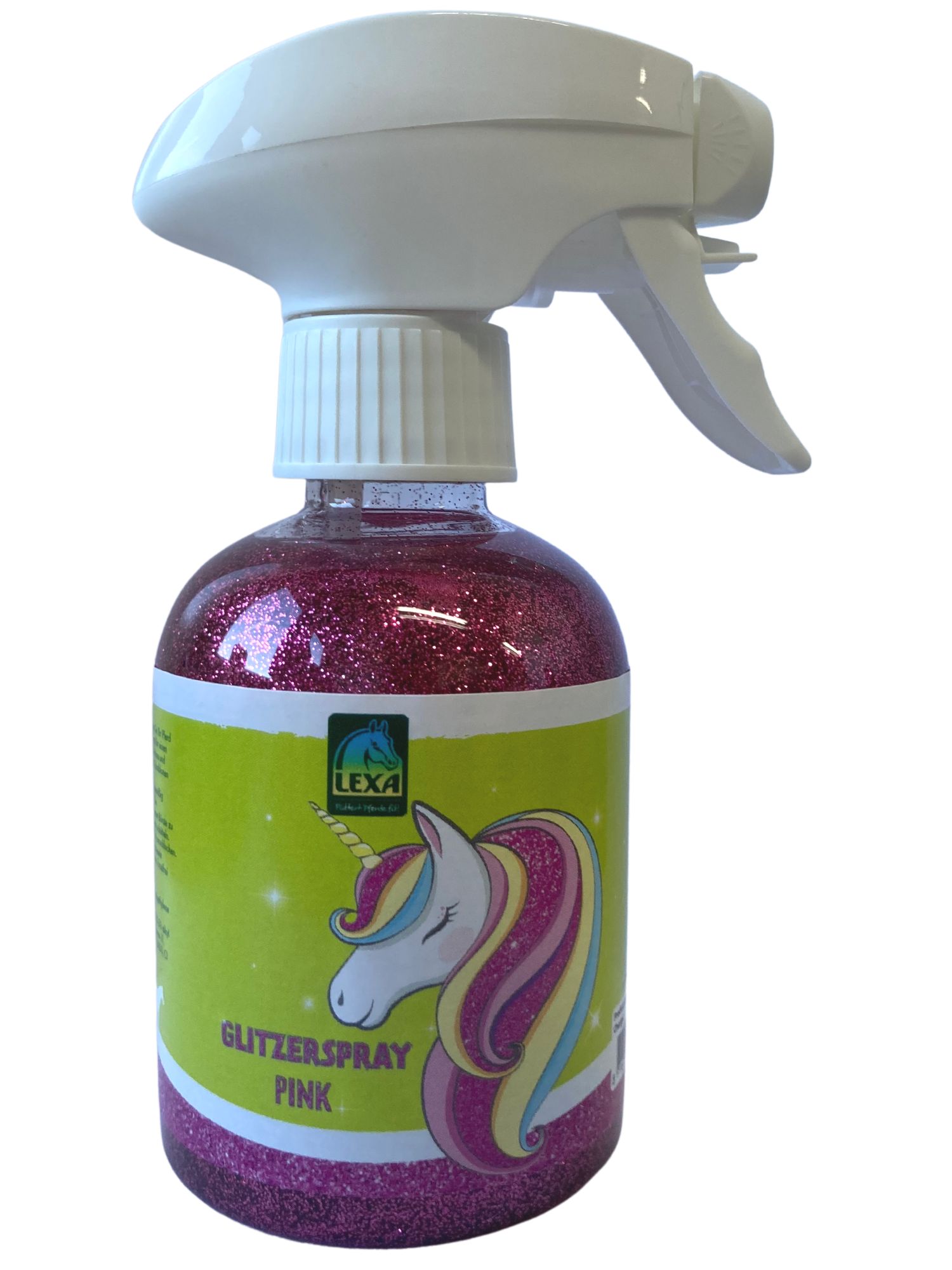 Sprühflasche mit pinkfarbenem Glitzer. Aufkleber mit Einhorn-Illustration und Text: GLITZERSPRAY PINK. Marke LEXA.
