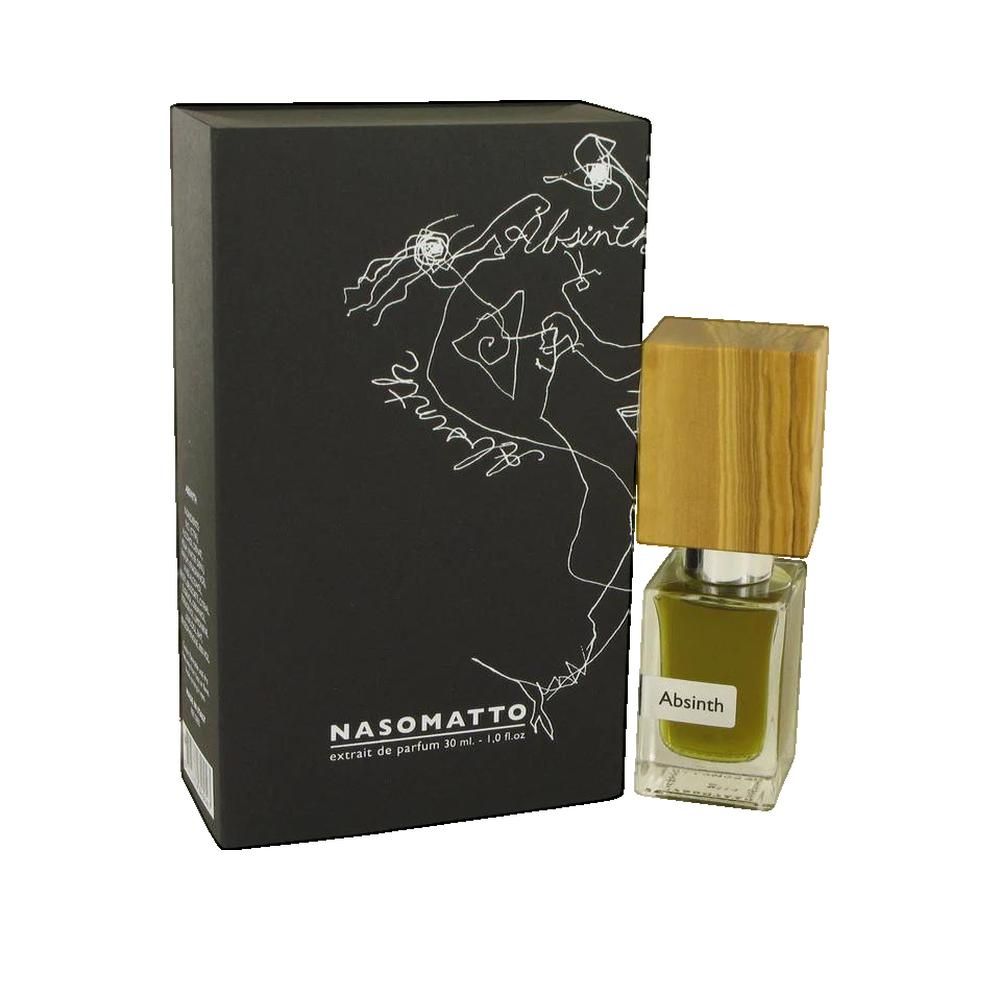 Absinth-Parfümflakon mit Holzdeckel und schwarzer Schachtel. Auf der Schachtel steht NASOMATTO und Absinth.