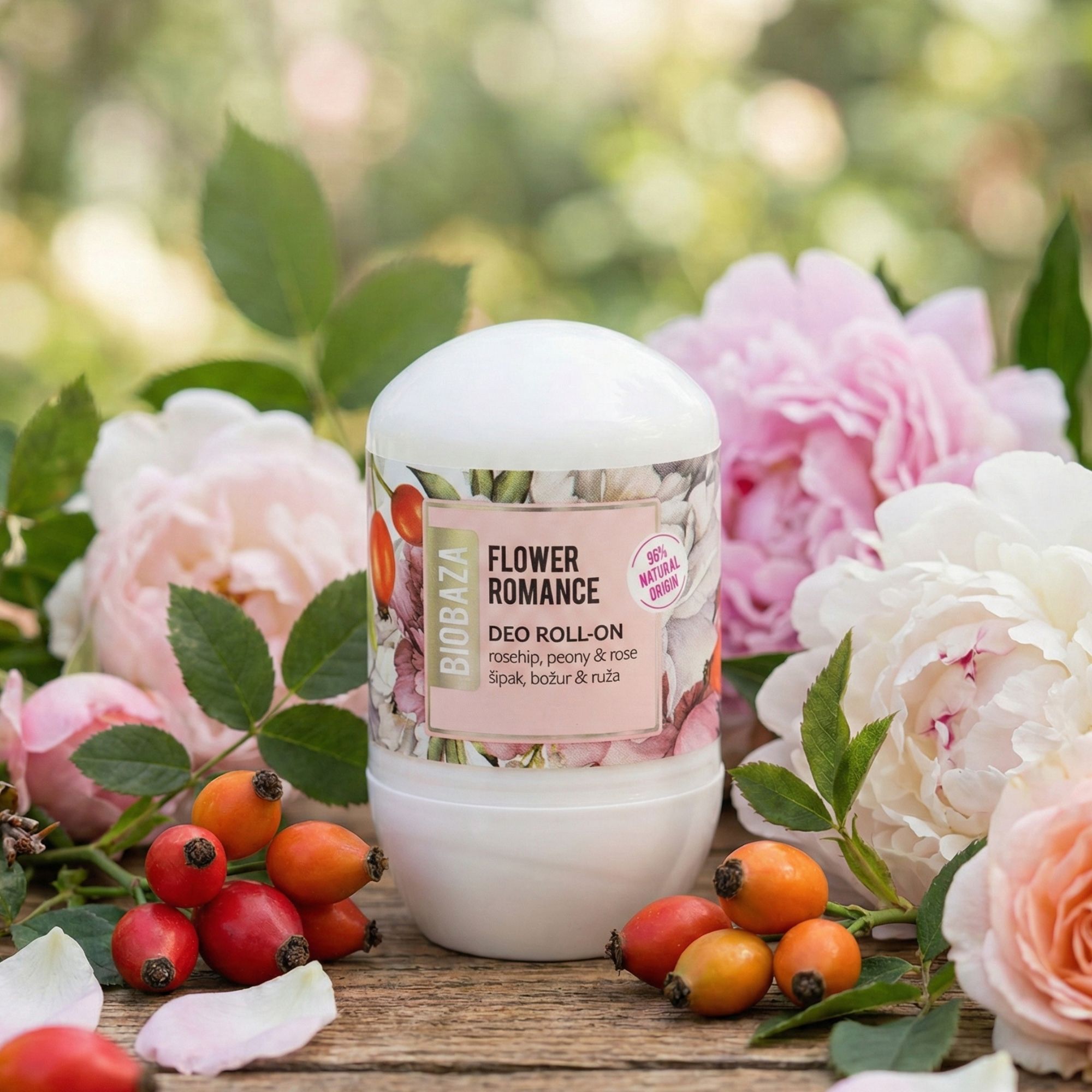 Weißer Deo Roll-on mit floralem Etikett. Steht vor Blumen. Aufschrift: Flower Romance, Deo Roll-on, 96% Natural Origin.