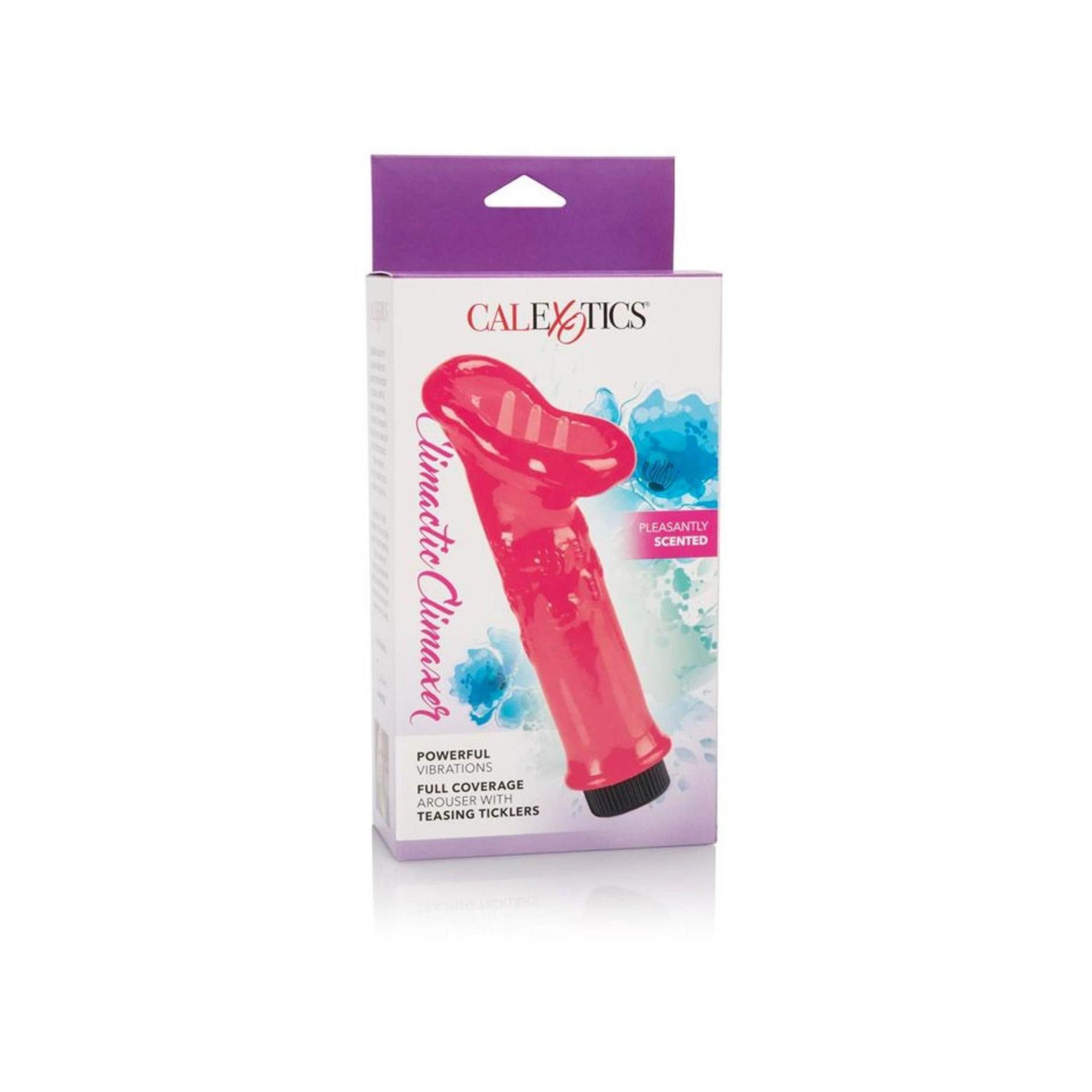 Verpackung mit Produkt. Rosa Gerät mit rotem Mundstück. Text: CalExotics, Climactic Climaxer, Flexible Scented.