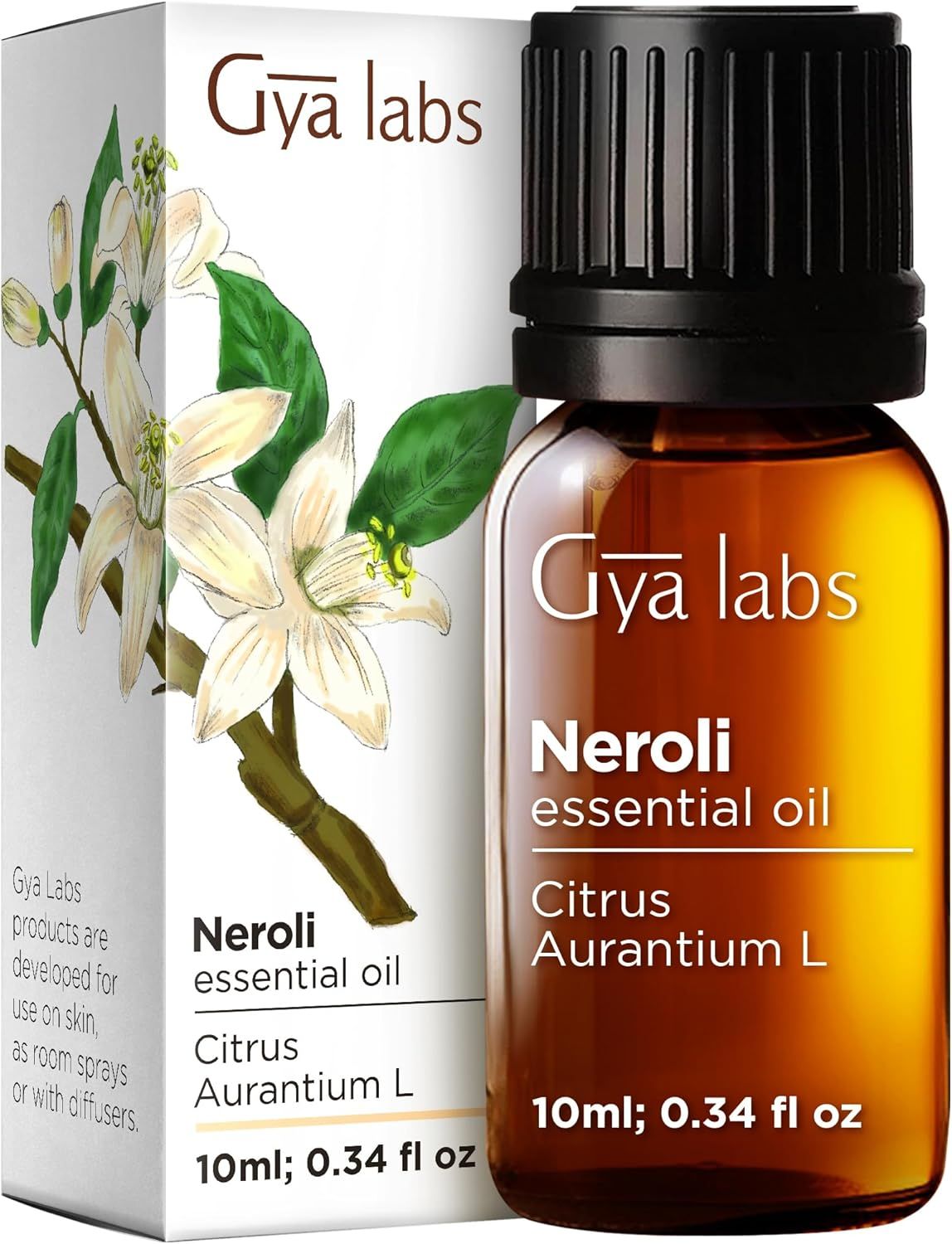 Braune Glasflasche und Verpackung. Text: Gya Labs Neroli ätherisches Öl, Citrus Aurantium L. 10ml; 0,34 fl oz. Produktbeschreibung auf der Verpackung.
